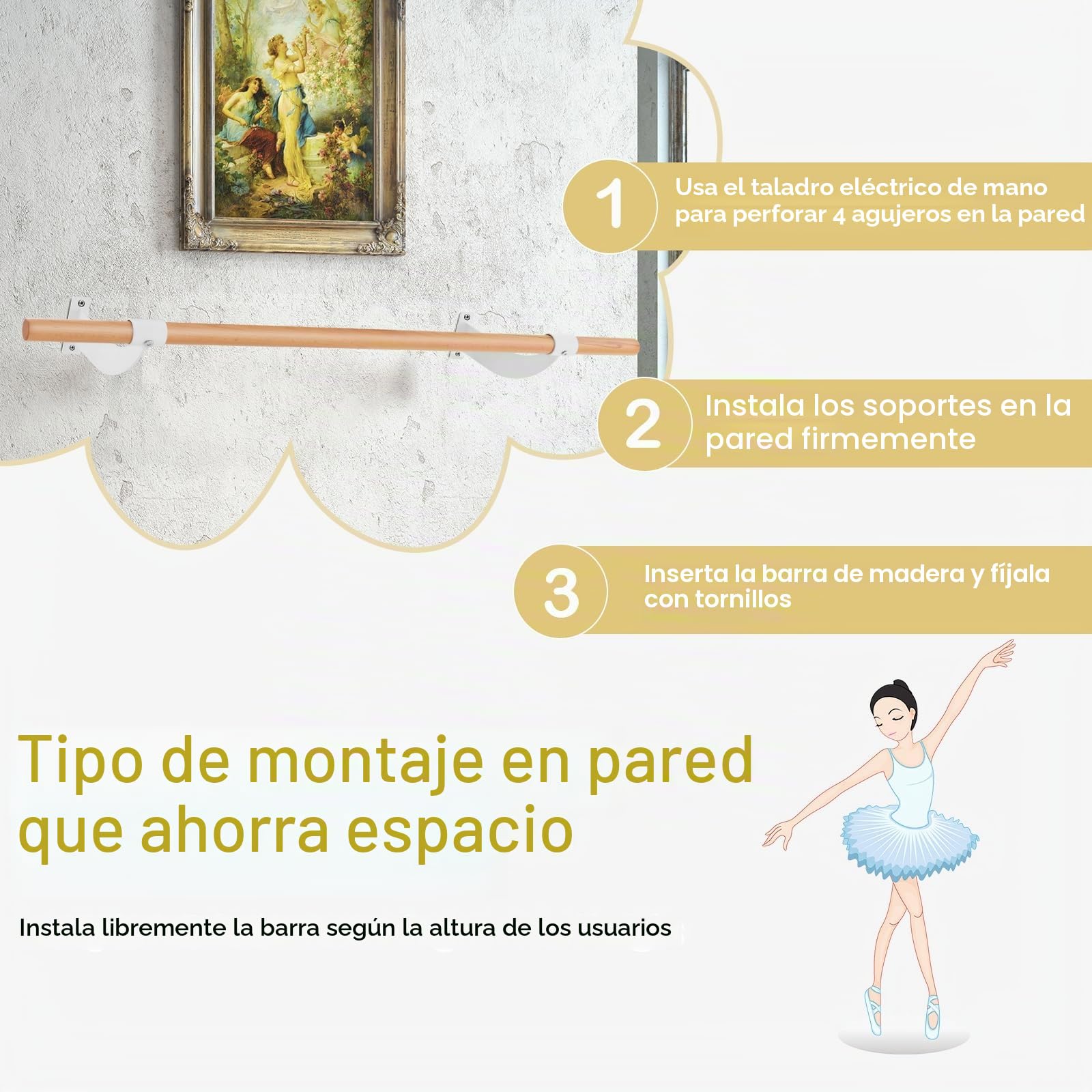 KOMFOTTEU Barra de Baile de Pared, Barra de Ballet de Madera de Haya, Barra de Danza Clásica de 38 mm de Diámetro, para Yoga, Estiramiento, Estudio, Niños y Adultos