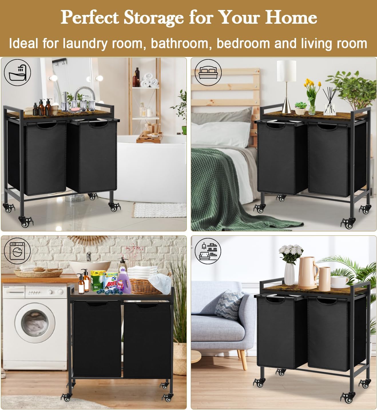 Double Laundry Hamper with Wheels & 2 Pull Out Section Removable Bags, Extra Large Dual Rolling Laundry Sorter Basket Organizer with Shelf for Bathroom, Bedroom, Laundry Room, 2 x 9Gal, Black