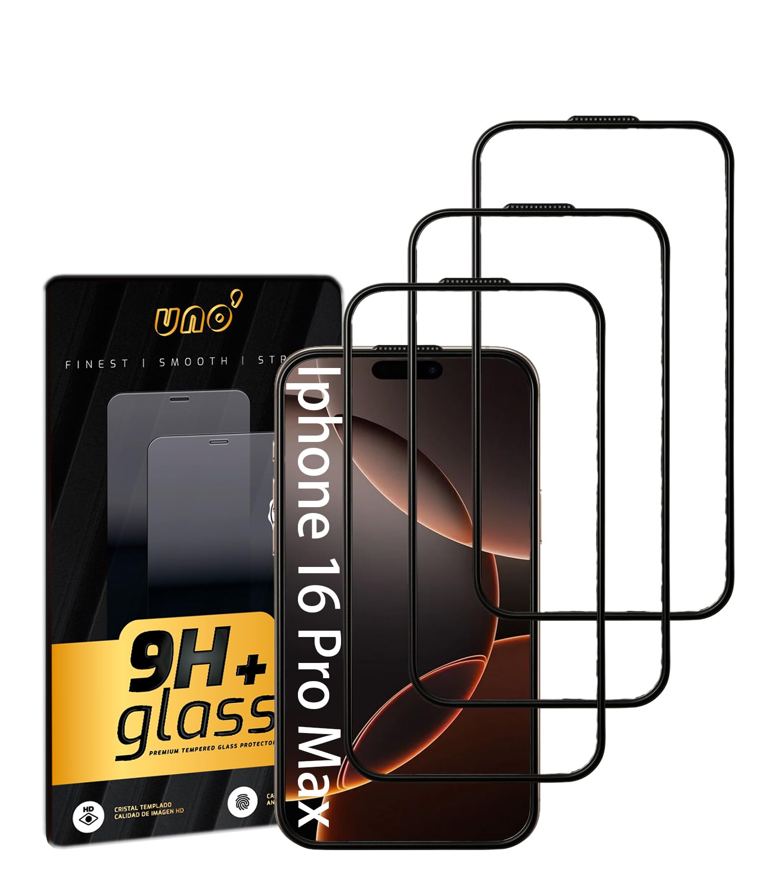 UNO' 3Unidades Protector De Pantalla De Cristal Templado Apto Para Iphone 16 Pro Max, (6.9"), Dureza 9H, Alta Definición, Anti-huellas, Anti-rayones, Resistente A Golpes,compatible Con Face Id Y Funda