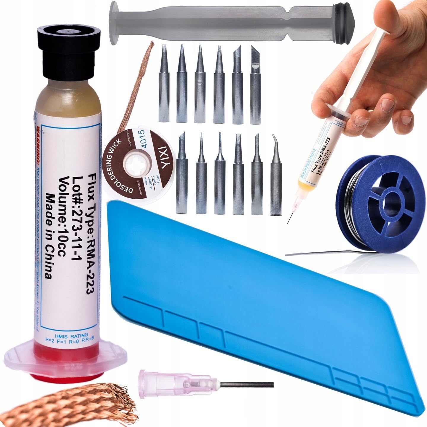 Soldering Accessories RMA-223 - Flux with Piston & Needle, 0.8 mm Solder, 12 x 900 m Tips, Desoldering Braid 3.5 mm, ESD Mat 30 x 20 cm | Electronic Repair Kit