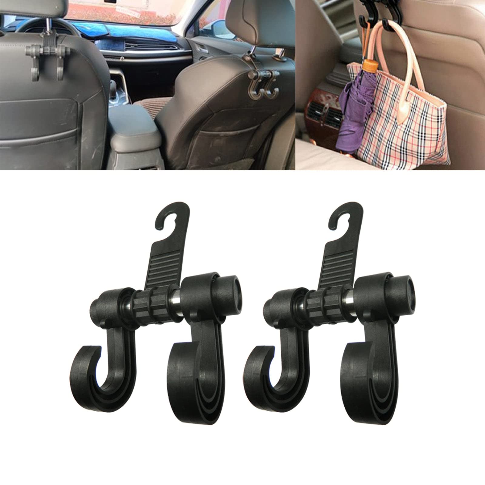 Xotic Tech 2pcs Car Back Seat 360° Adjustable Headrest Hanger 2-Hook Grocery Bags/Purses/Handbags/Clothers Black Holder, Universal Fit Cars Trucks SUVs Trailer