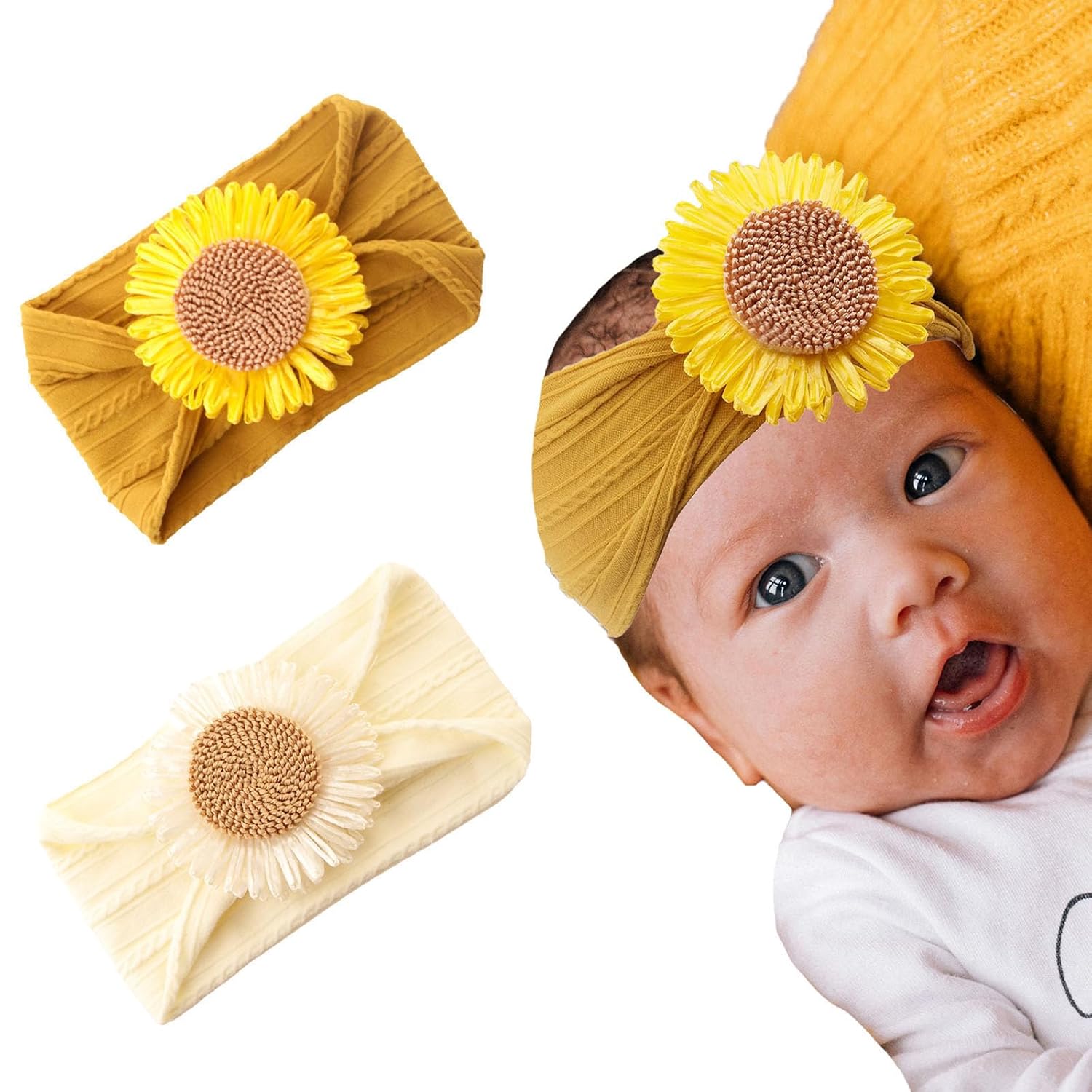 2PCS Baby Girls Bows Flower Headbands Soft Sunflower Nylon Hairbands Hair Accessories For Kids Toddlers Infants Newborn