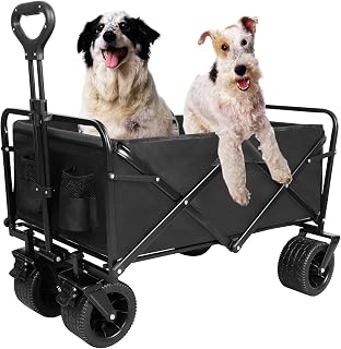 Collapsible Beach Wagon with All-Terrain Big Wheels,Folding Wagon Carts Heavy Duty with Adjustable Handle for Outdoor,Garden,Sports and Grocery, 220lbs Capacity, Black