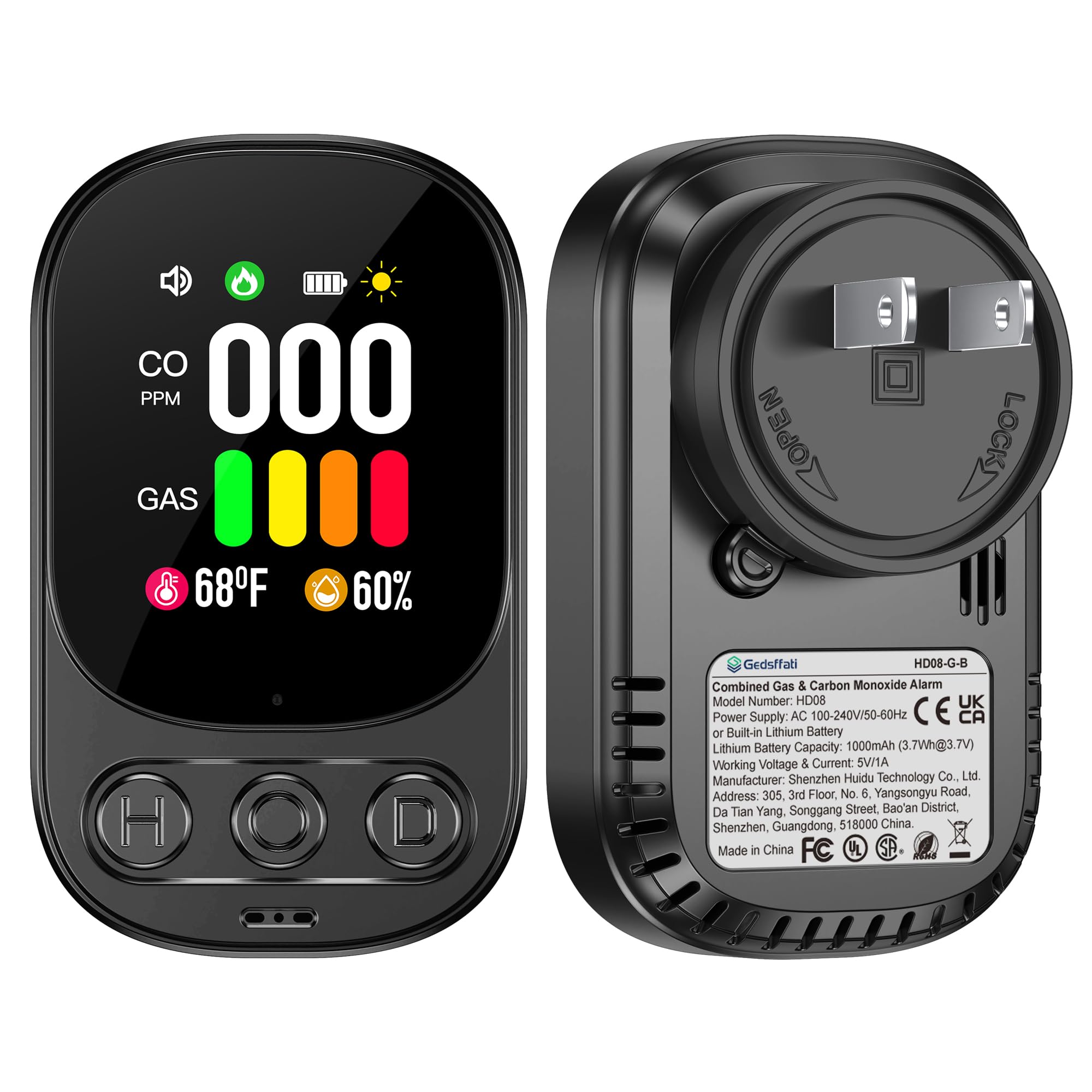 4in1 Plug in Carbon Monoxide Detector & Natural Gas Combination Detectors with Backup Battery CO Gas Temp Humidity 2.1'' HD Screen & Indicator, Methane Combustible Gas Alarm,Black