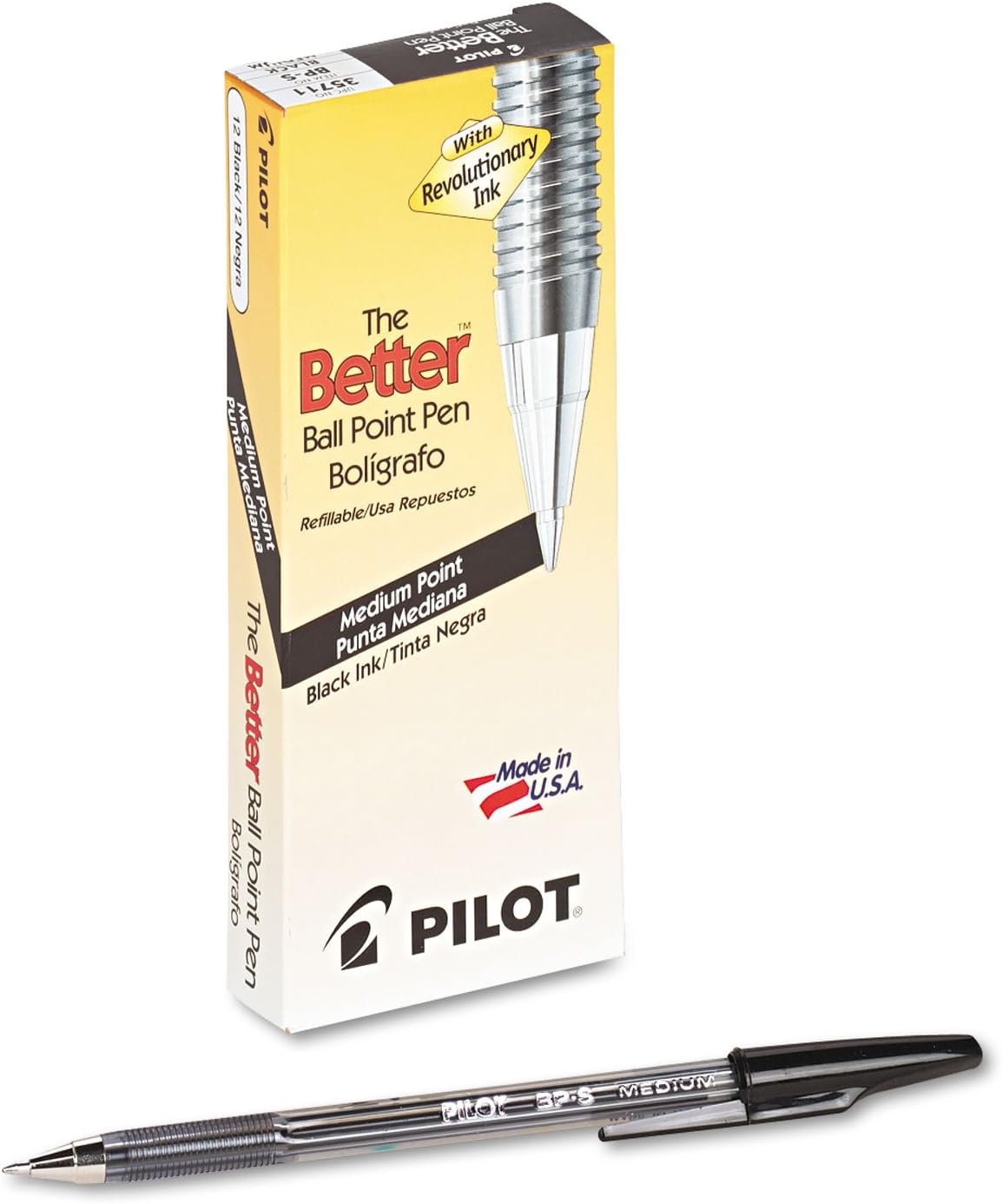 PILOT The Better Ball Point Pen Refillable Ballpoint Stick Pens, Medium Point, Black Ink, 12-Pack (35711)