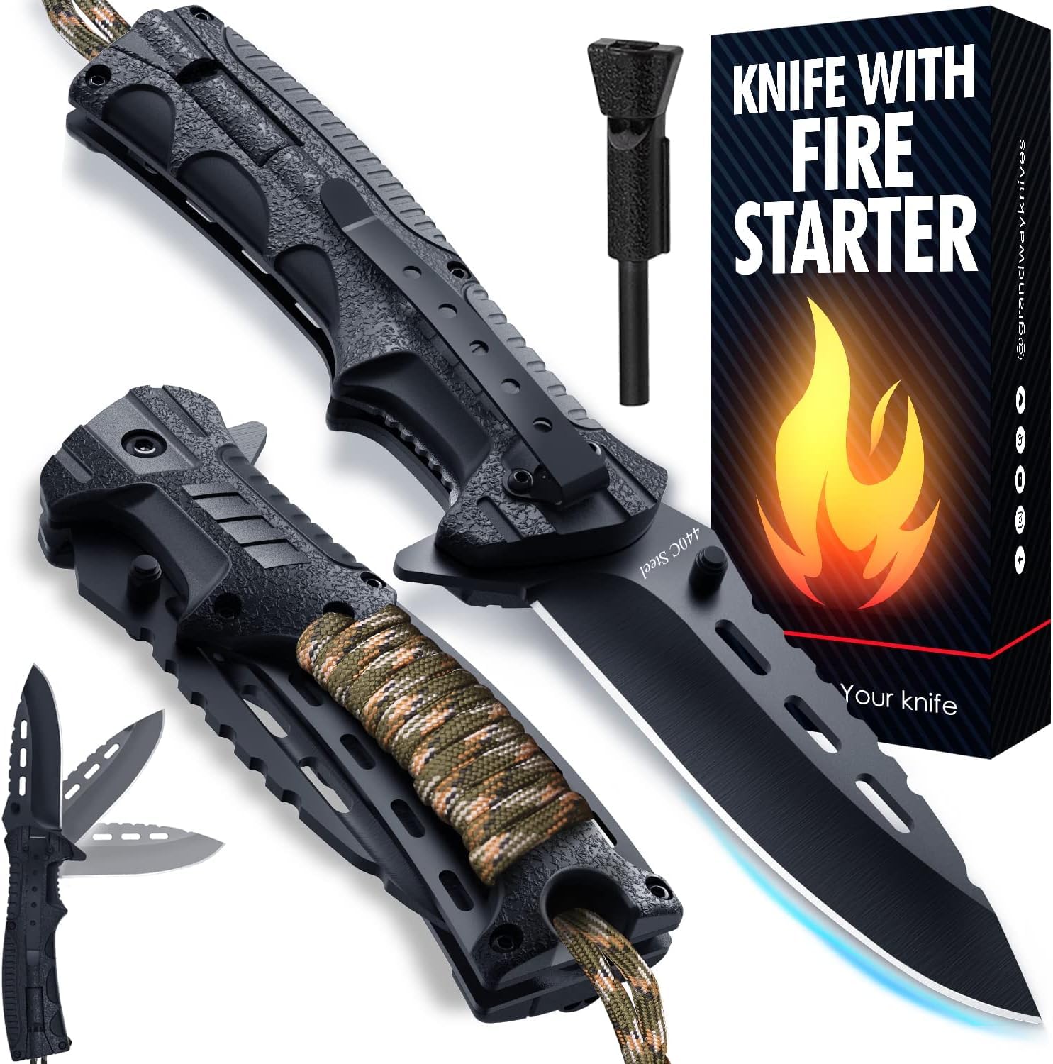 Pocket Knife with 3.74" Sharp Blade, Fire Starter, Whistle &amp; Paracord Handle, Liner Lock - Multifunctional Folding Knife for Survival - Camping Gear for Men, Gifts for Husband, Boyfriend, Dad 6772