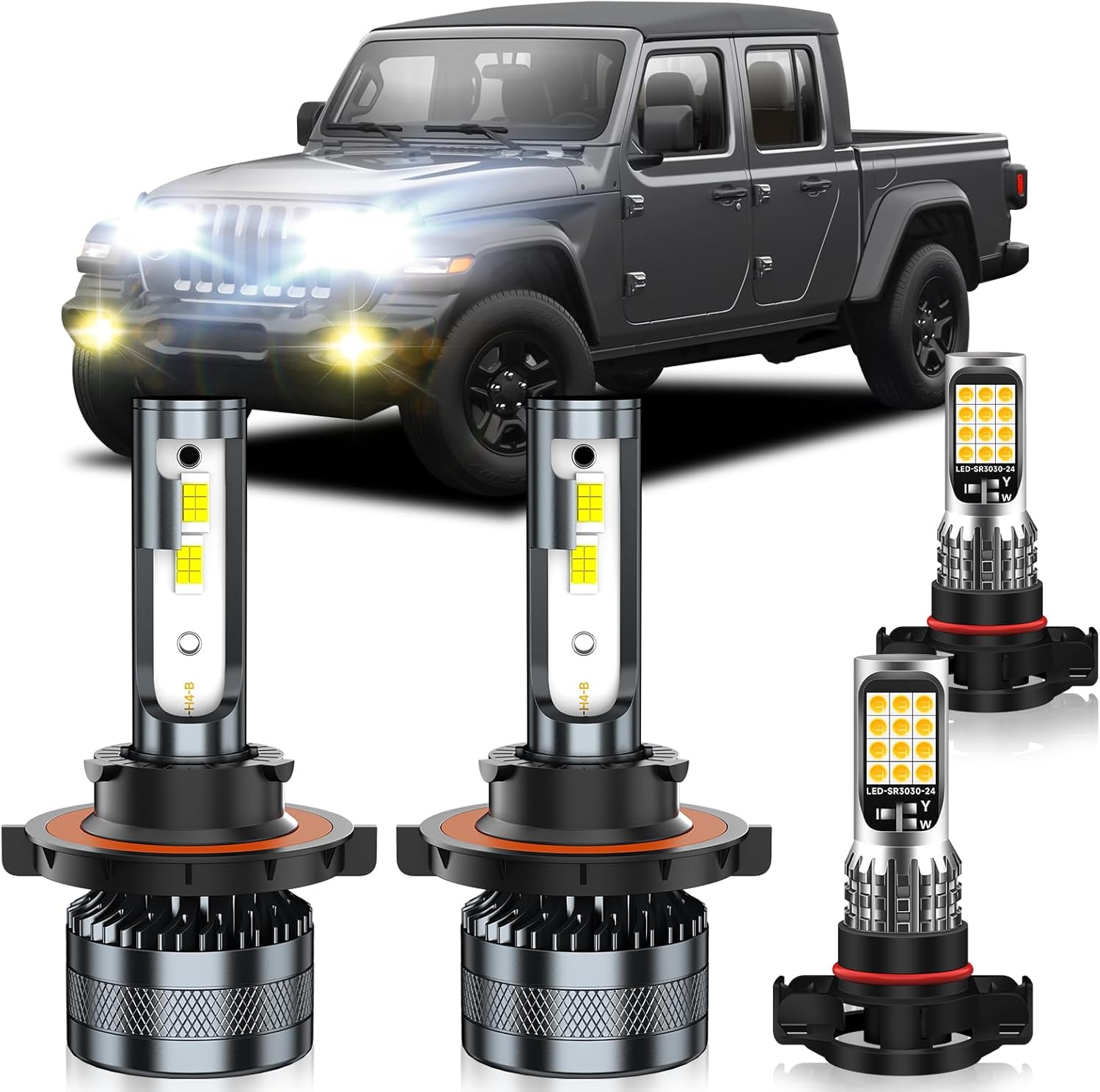 Compatible with 2020-2022 Jeep Gladiator Fog Light Bulbs, High/Low Beam Fog Light Bulbs Combo, 600% Brightness, 6000K White and 3000K Yellow, Pack of 4