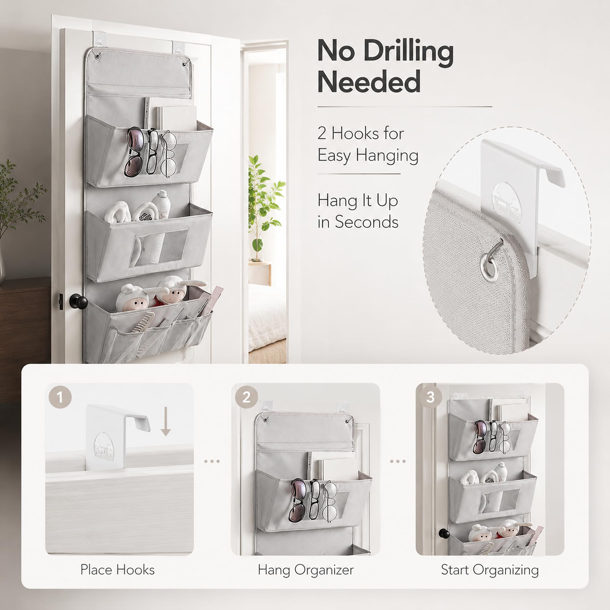 Organizer da appendere a 3 strati, 40 x 90 cm, organizer per porta senza fori, per bagno e guardaroba, organizer da parete pieghevole in tessuto Oxford con 3 tasche, 2 ganci, portaoggetti