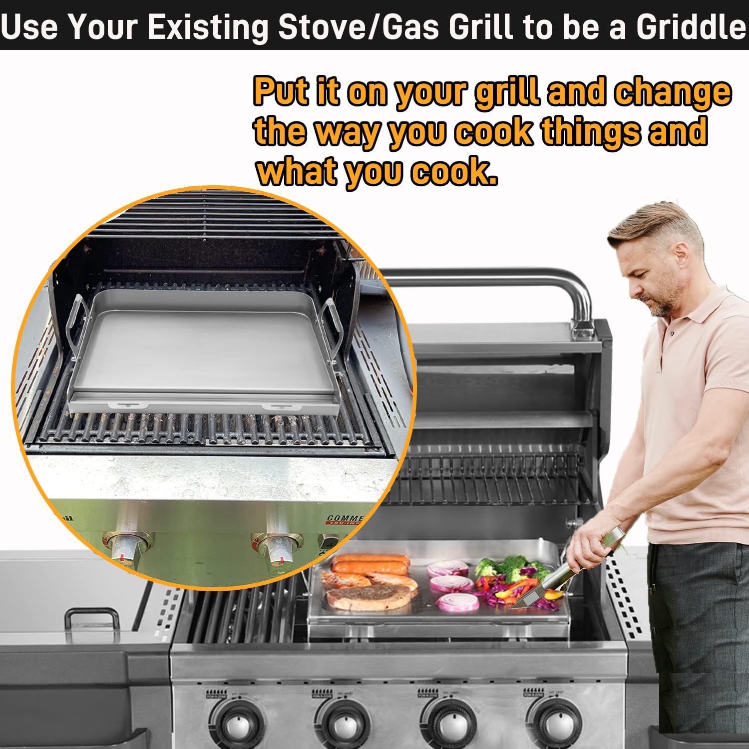 Universal Stainless Steel Griddle, Flat Top Grill with Removable Grease Tray, Griddle for Gas Griddle, Telescopic Support to Accommodate Different Sizes Gas/Charcoal Grill, for Camping & Parties