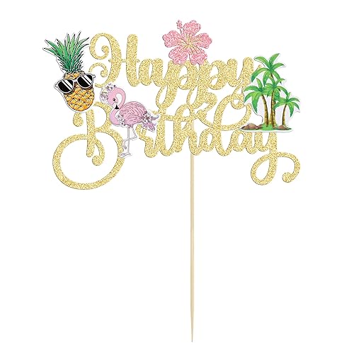 Miniatura 3 de Gyufise 1 pieza de decoración de pastel de feliz cumpleaños tropical hawaiano Luau pastel Pick Glitter Flamingo Flower Plam Leave Pineapple Cake