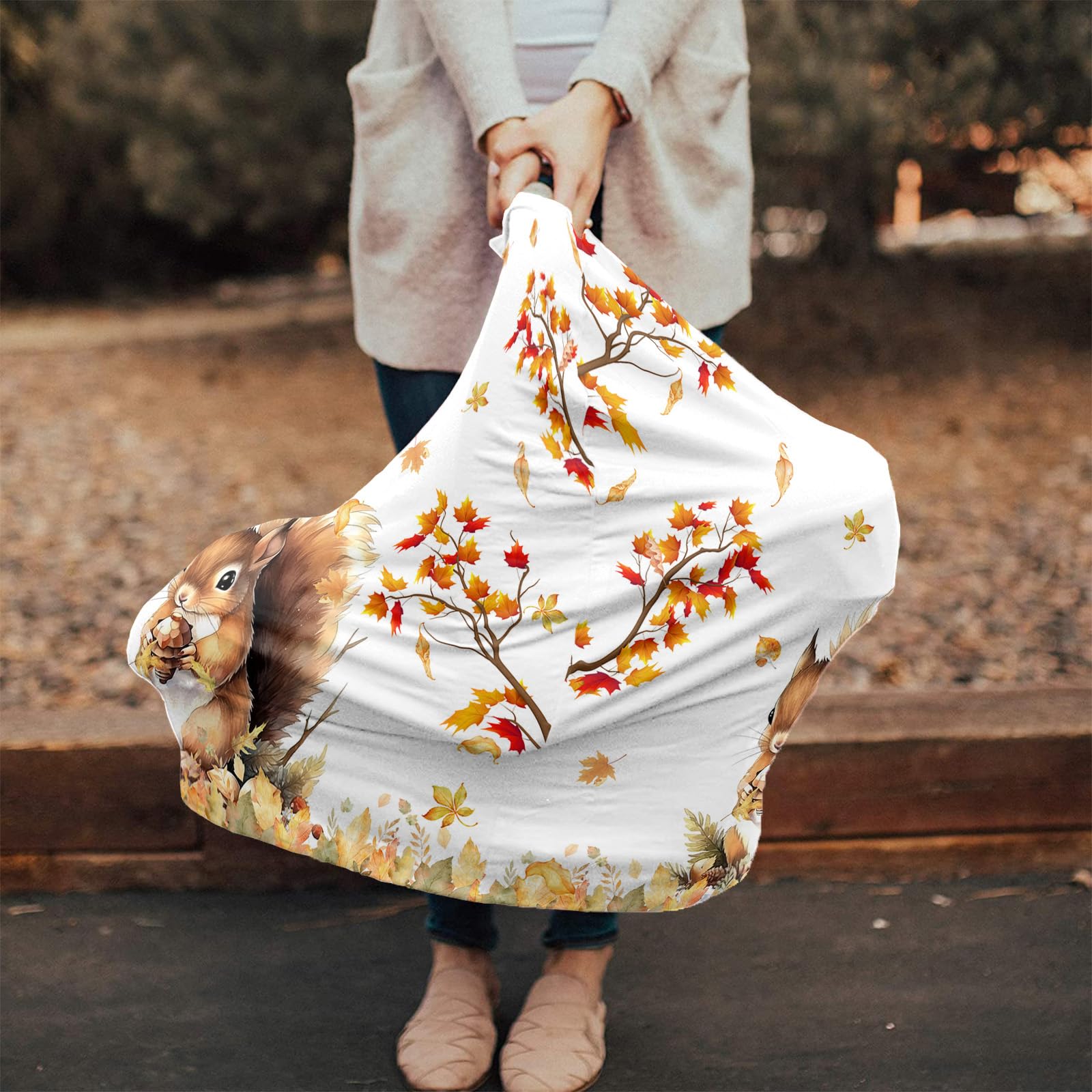 Nursing Cover for Breastfeeding Scarf, Fall Leaves Squirrel Baby Car Covers Super Soft Multi Use for Canopy Shopping Cart Cover Blanket Stroller Cover