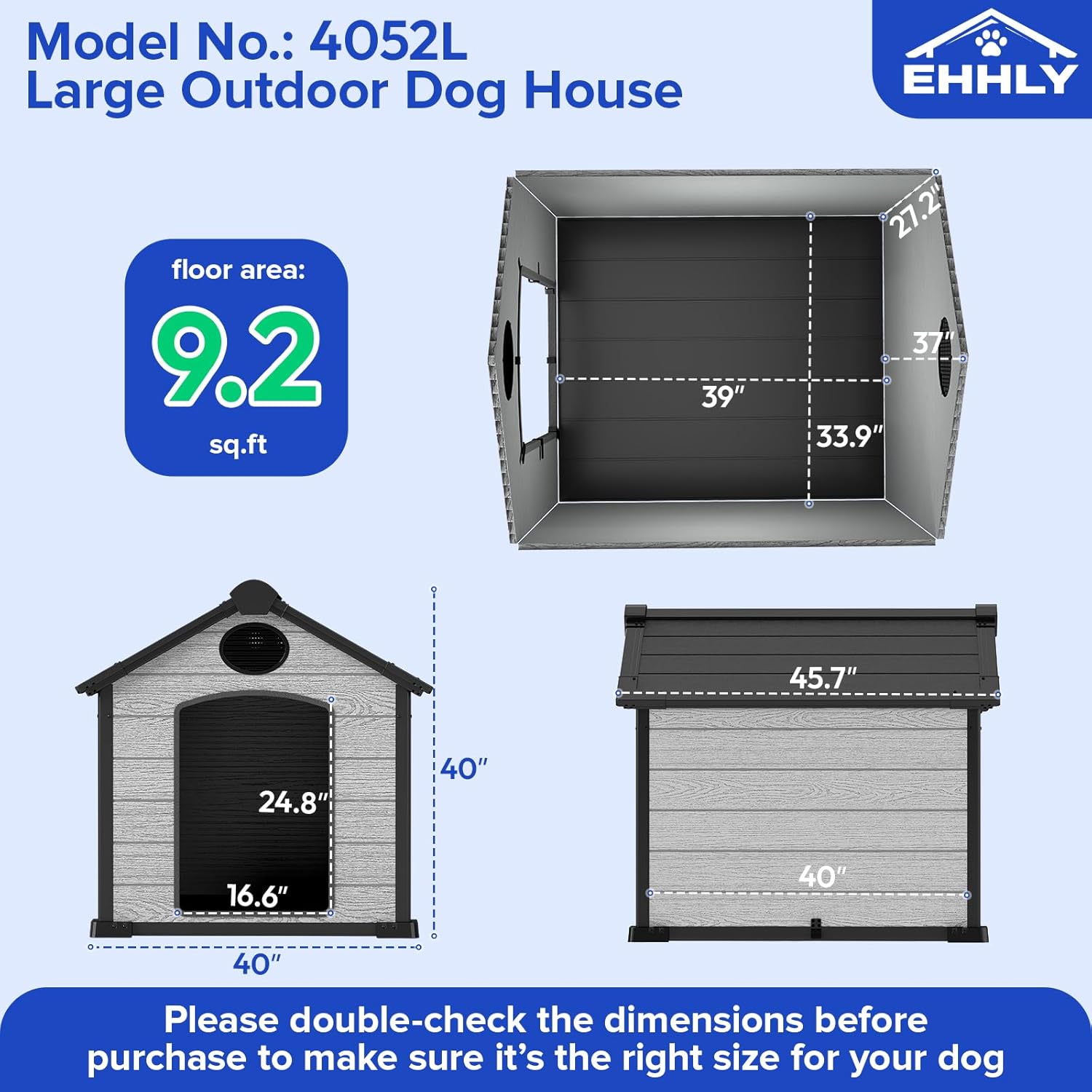EHHLY 46" Extra Large Dog House Outdoor, 3XL Dog House Waterproof with Elevated Floor, Durable Resin Plastic Dog House for Big Dogs Outside,46Lx40Wx40H,Cemented Grey