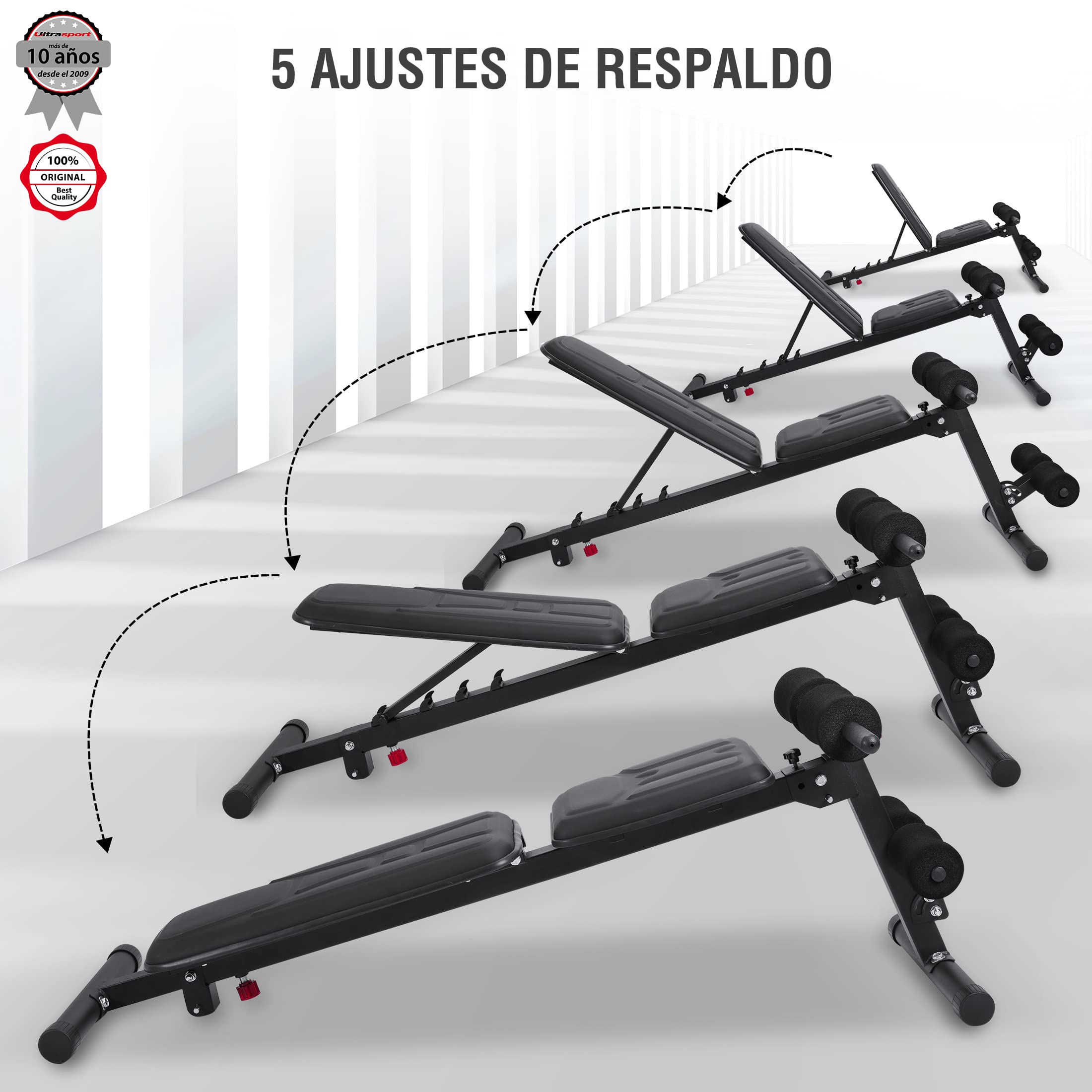 Ultrasport banco de pesas, multifuncional, plegable, banco plano, banco de abdominales, ajustable en 18 posiciones, repelente al agua, entrenador de abdominales, capacidad de carga hasta 500 kg
