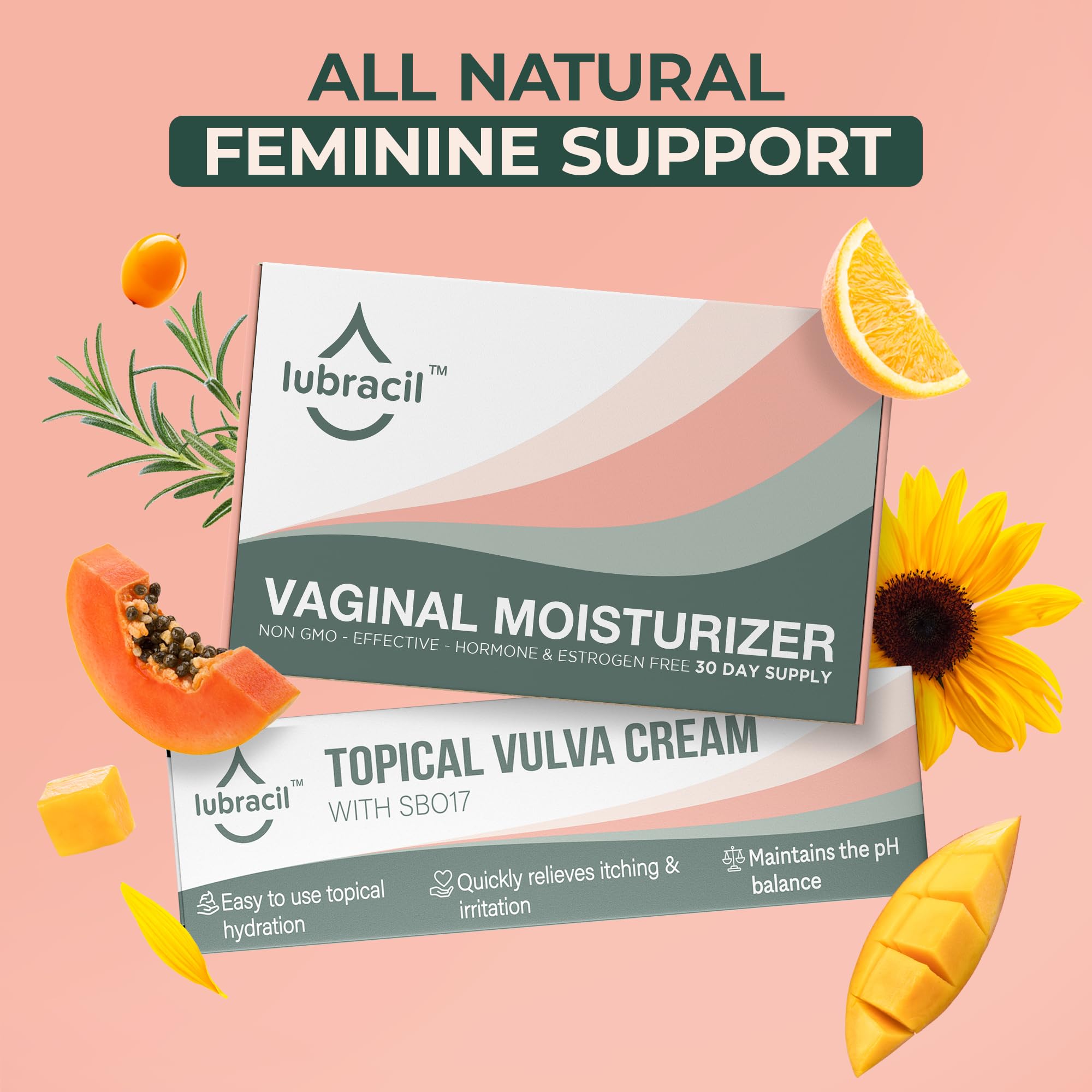 Lubracil - Increase Vaginal Moisture Set of: Moisturizing Cream & Feminine Dryness Ease Pills with Omega 6, 7, & 9, Vitamins A & E for Itching and Burning Relief, Estrogen Free - 1.76 Fl Oz & 60 Pills