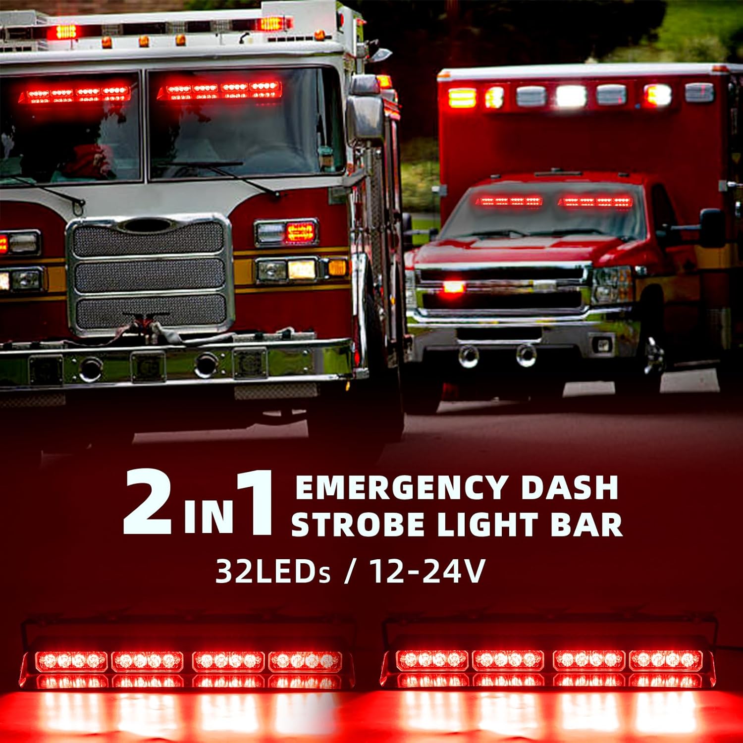 2 in 1 LED Emergency Dash Strobe Light Bar Front/Rear Windshield Safety Flashing Warning Hazard Interior Lights for Police Firefighter Construction Vehicles Trucks (2x14 inch, Red/Red)