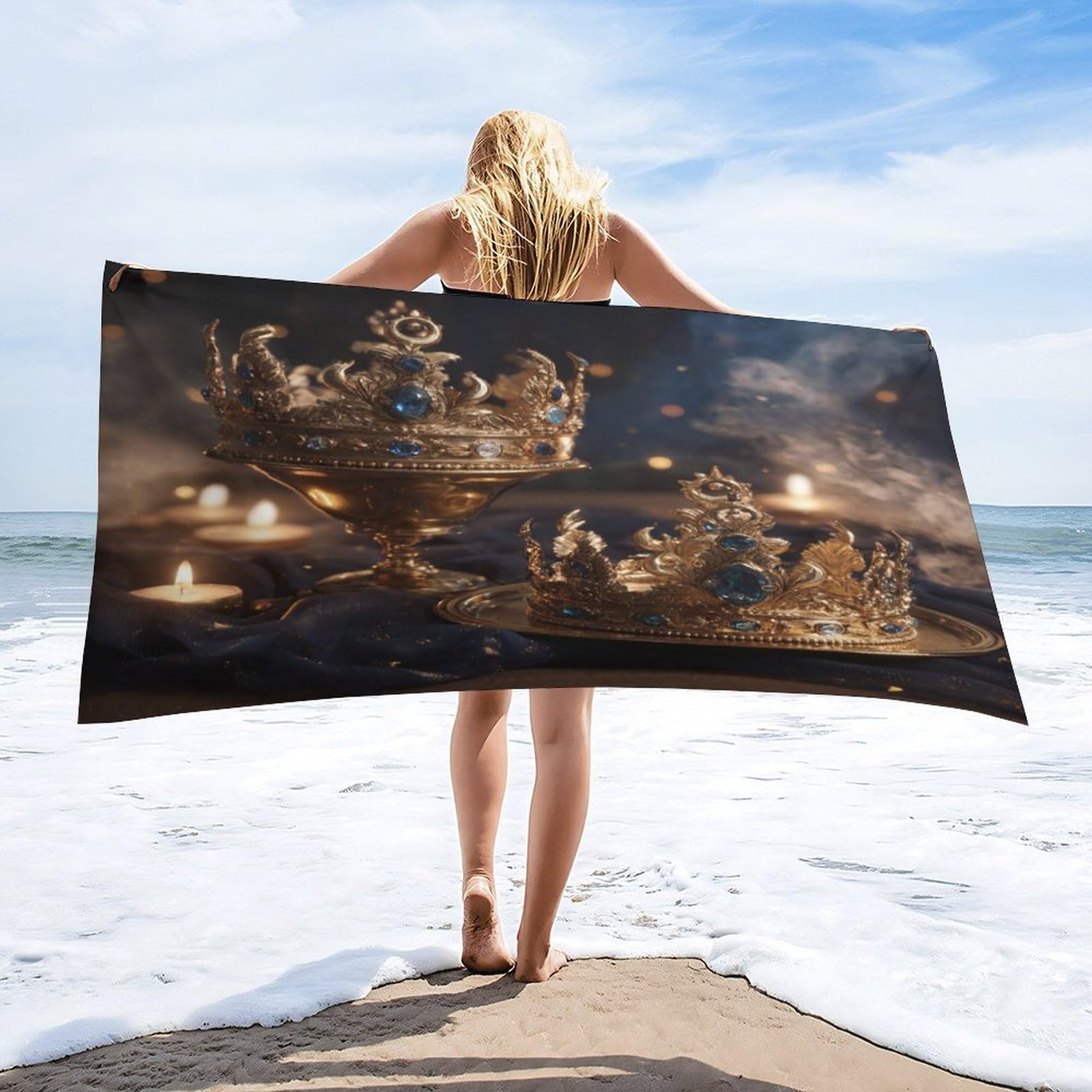 Luyysky Elegant Classic Crystal Crown Quick-Drying Beach Towel, Retro Realistic Sun Moon Crown Couple Pattern Travel Vacation Single Sided Pile Bathroom Towels-80 W Cm X 160" L Cm