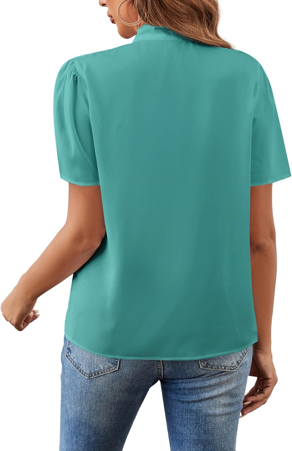 Rooscier Women's Bow Tie Knot Mock Neck Short Sleeve Elegant Workwear Blouse Shirt Top - Image 2