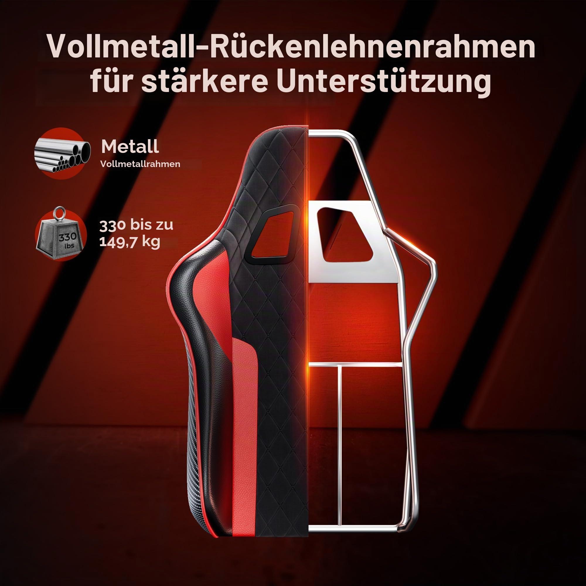 seenda GCPro-10 Ergonomischer Gaming Stuhl & Bürostuhl | 150 kg Vollmetall-Rahmen, 145° Neigung mit Fußstütze, 2D Armlehnen, Lendenwirbelstütze, High-Density Schaum, Carbon Design