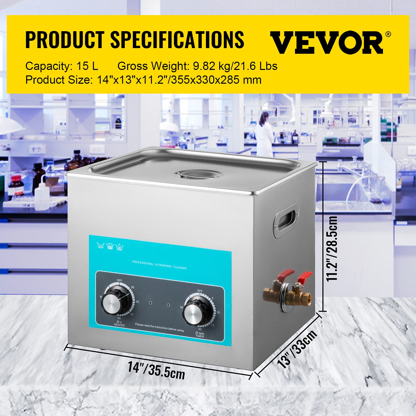 VEVOR Knob Control Ultrasonic - Pulitore ultrasonico ad ultrasuoni, 15 l, dispositivo di pulizia ad ultrasuoni con riscaldamento, pulitore a ultrasuoni ad ultrasuoni 220 V, pulitore digitale ad