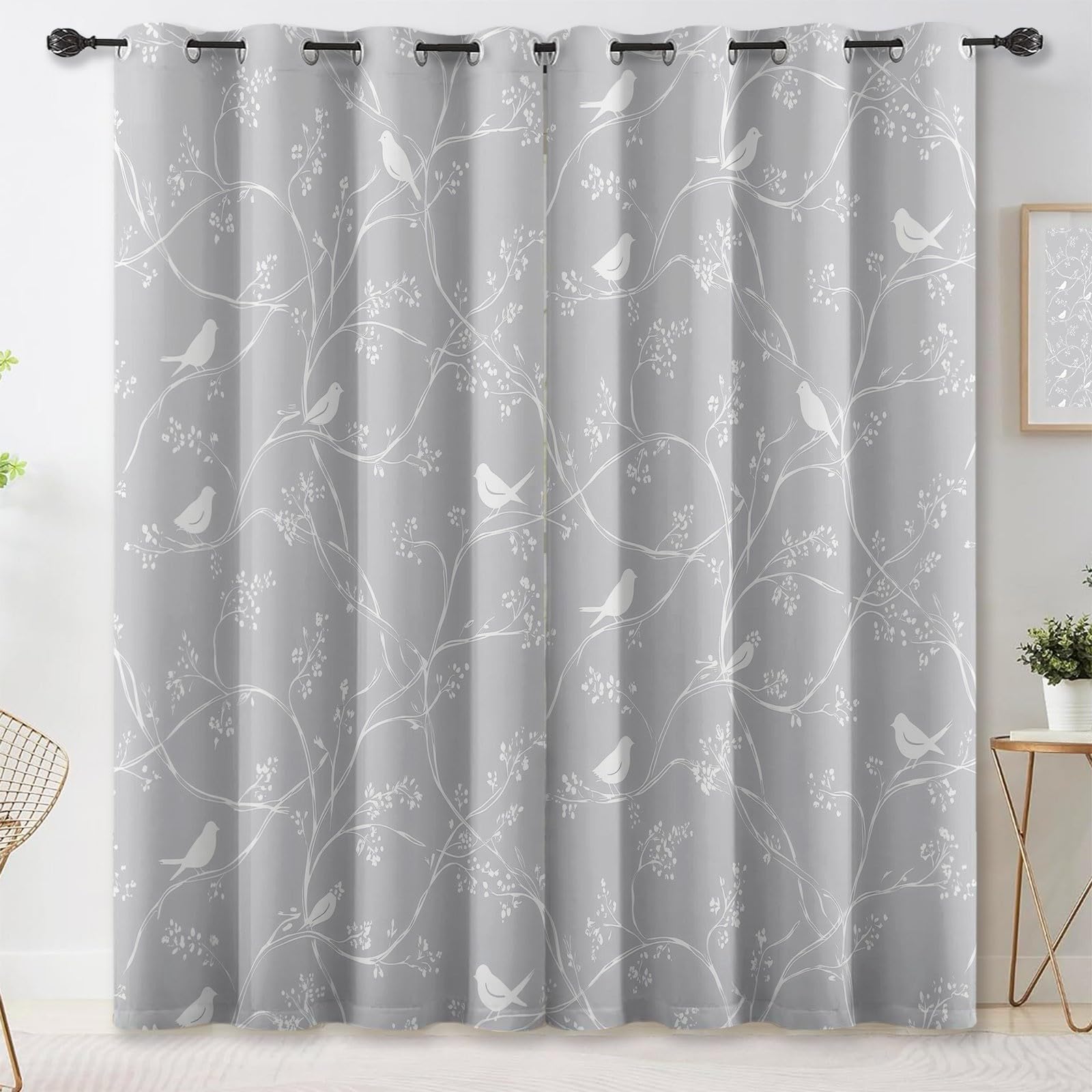 Rideau imprimé pour salon au style scandinave, grand format 140 x 245 cm oiseaux