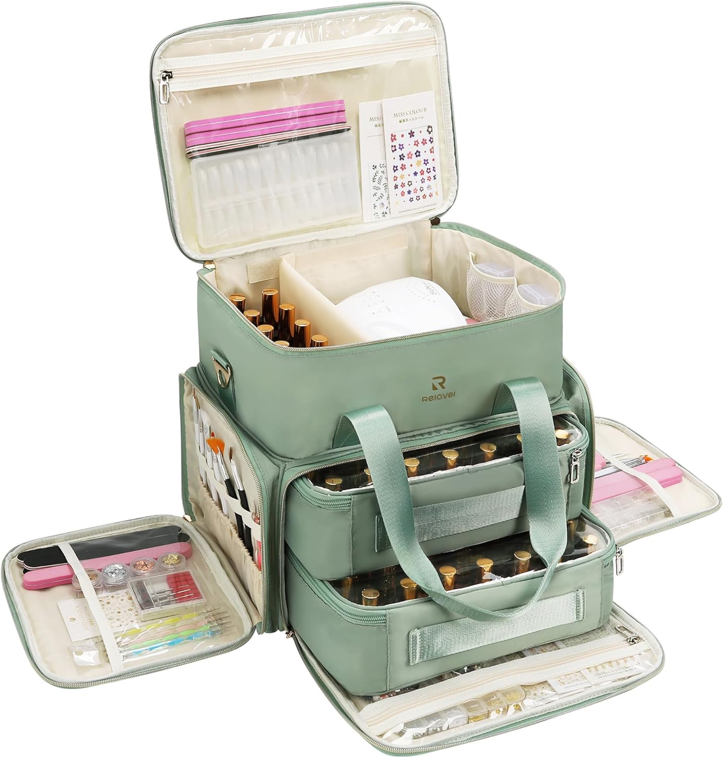 Relavel Nail Polish Organizer, Double Layer Nail Bag Holds 80-100 Bottles (15ml/0.5fl.oz) & Nail Lamp Nail Kit Storage Case, Extra Large Travel Nail Supplies Shoulder Bag for Manicure Tools (Green)