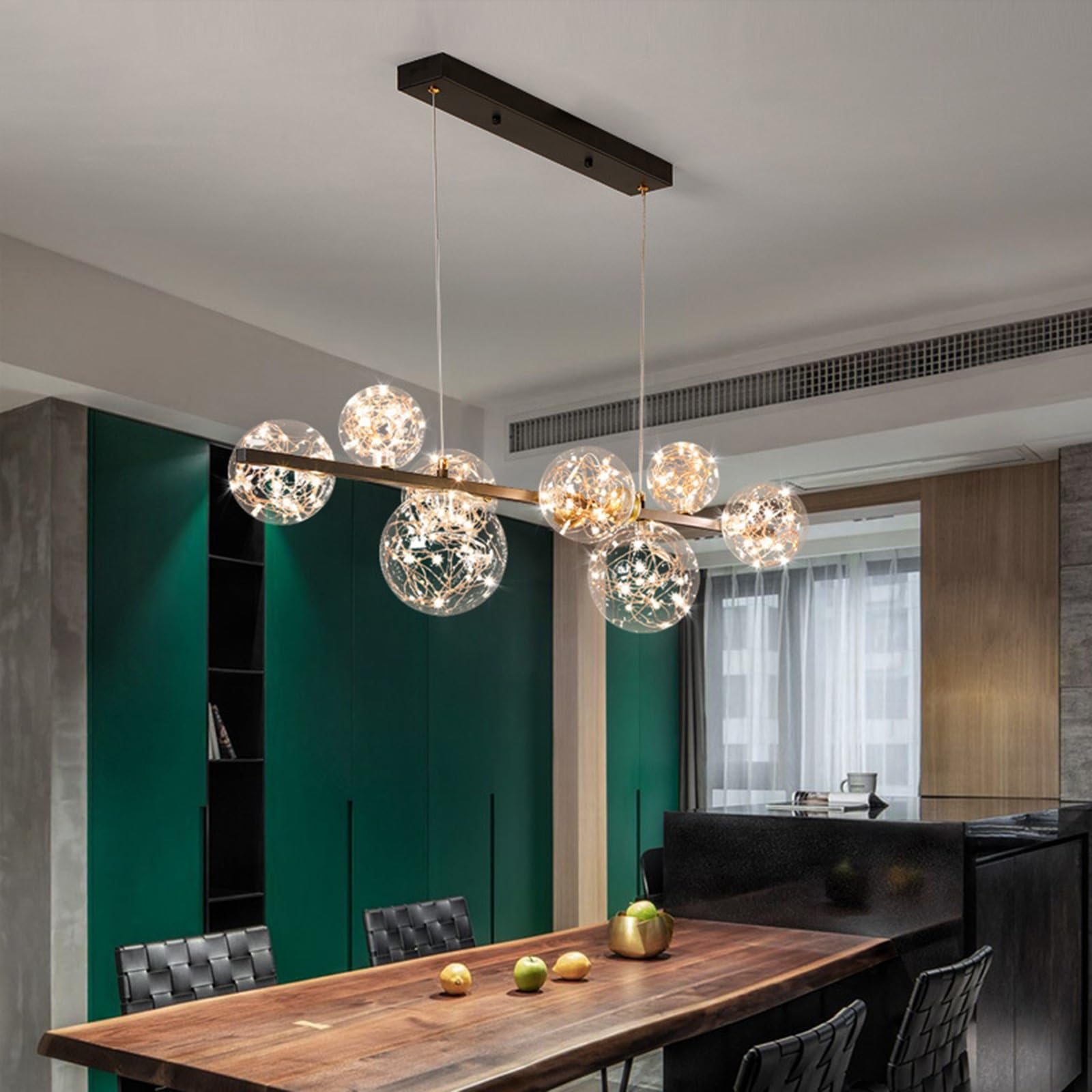 Suspension LED Linéaire Moderne avec Globes en Verre Soufflé à La Main Lampe Suspendue Dimmable éclairage îlot de cuisine luminaire moderne design pour Salle à Manger Cuisine(Black,Straight rod)