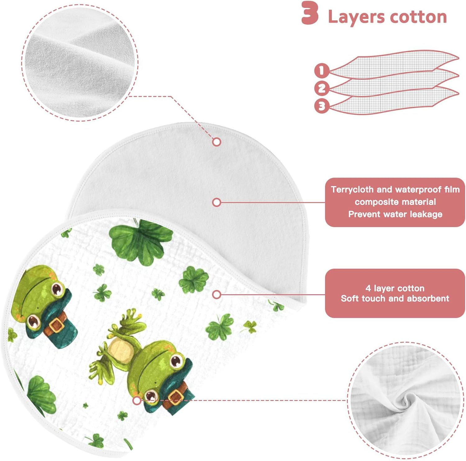 Shamrock Leaves Kawaii Frog Burp Cloths Baby Boys Girls Absorbent Soft Cotton Burping Cloths Rags 4 Pack