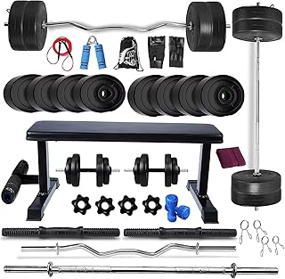 BodyFit 50 kg Weight Plates Heavy Flat Exercise Bench with 4 Rods Home Gym Fitness Set (Multicolour) Price In India