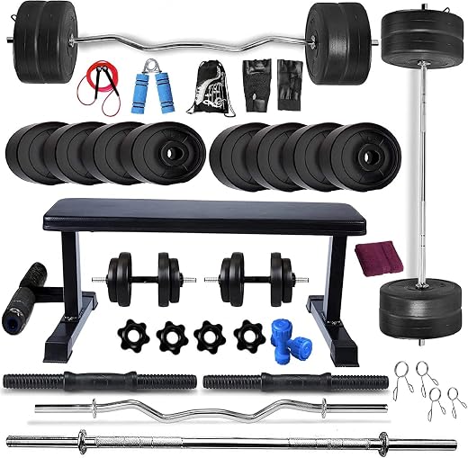 BodyFit 50 kg Weight Plates Heavy Flat Exercise Bench with 4 Rods Home Gym Fitness Set (Multicolour)