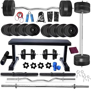 BODYFIT Home Gym Combo Flat Bench with 50 KG Weight Plates 4 RODS Home Gym Set & Fitness kit