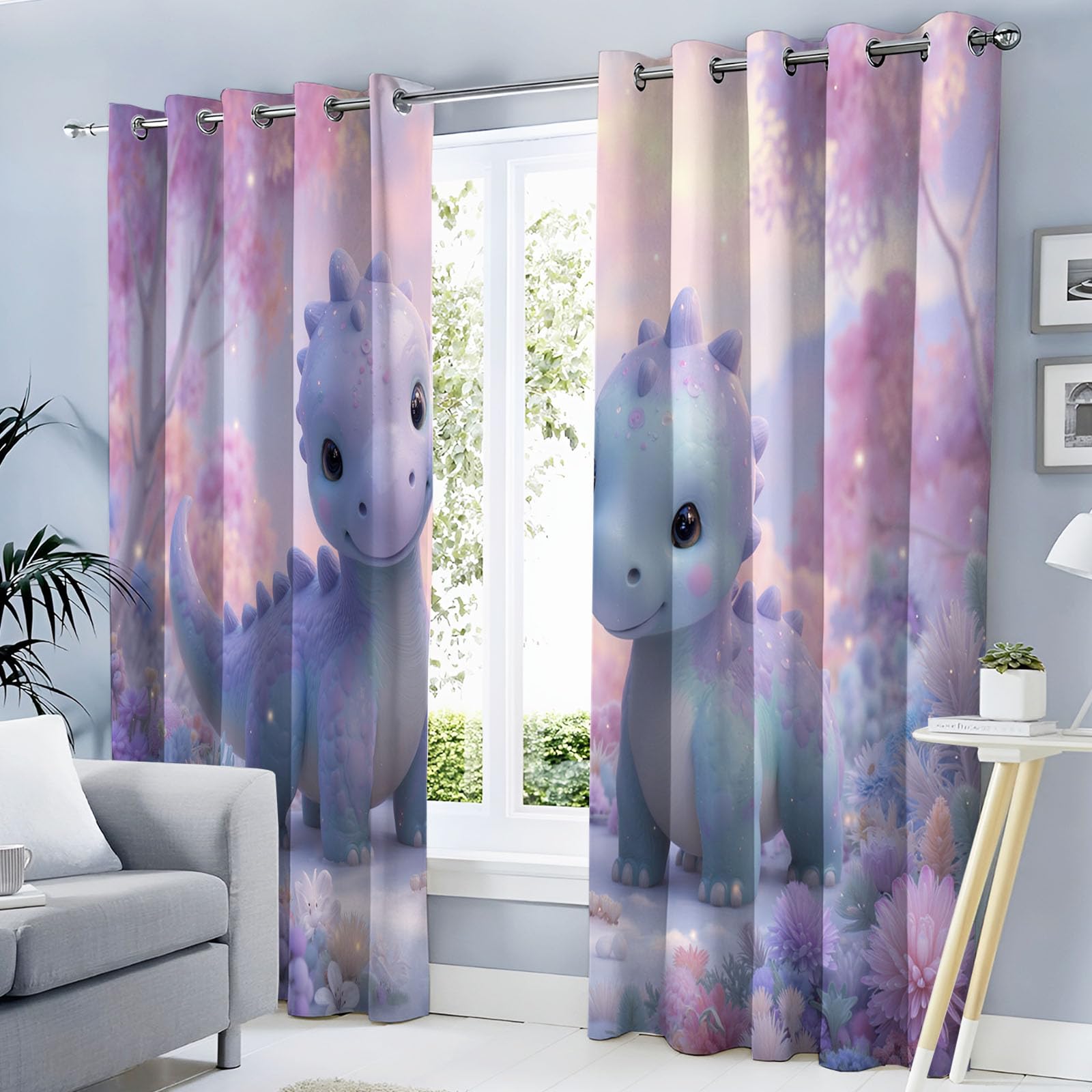95% Rideau Occultant, Violet Rideaux Occultant Thermiques à Oeillets, Rideau Opaque imprimés Aquarelle Dinosaure Dessin Animé Forêt Decoration pour Enfant Chambre, 140x180 cm (2 Panneaux)