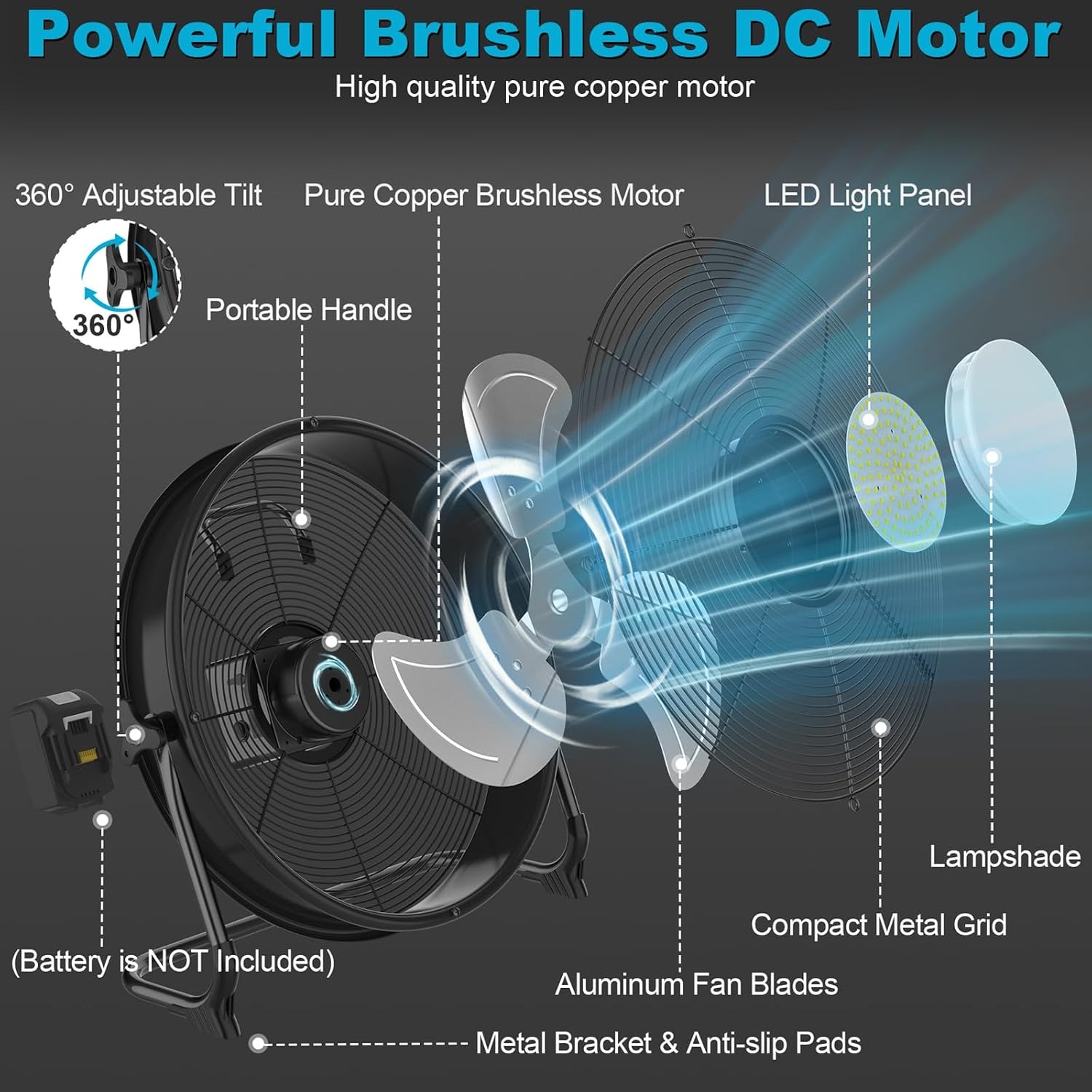 T-SUN 16 Inch Battery Powered Cordless Portable Floor Fan with LED Light