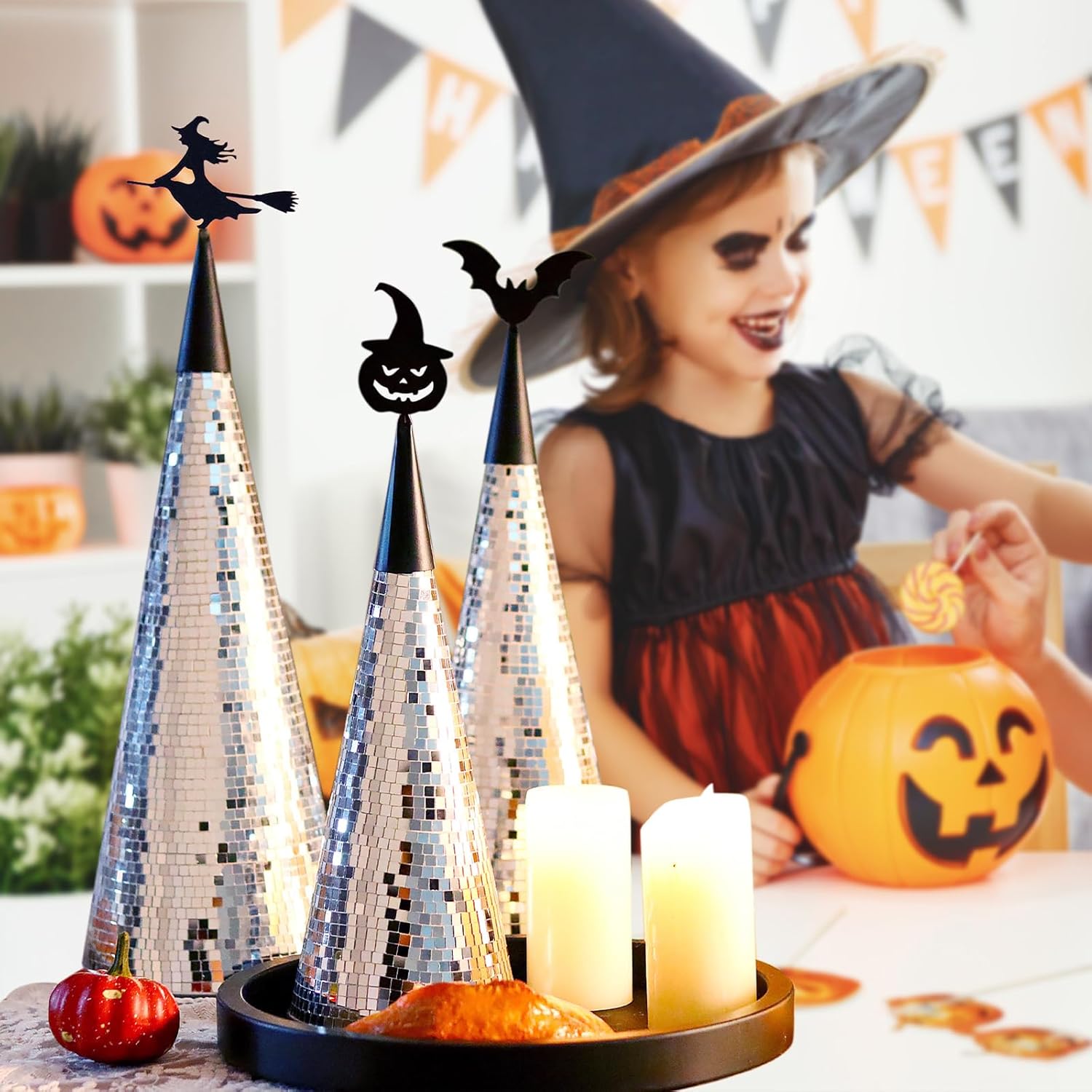WDHODEC Disco Ball Halloween Party Decor 3PCS, Halloween Table Centerpiece Decorations, 17" 15" 13" Tabletop Glass Tree for Modern Vintage Indoor Outdoor Table Decor