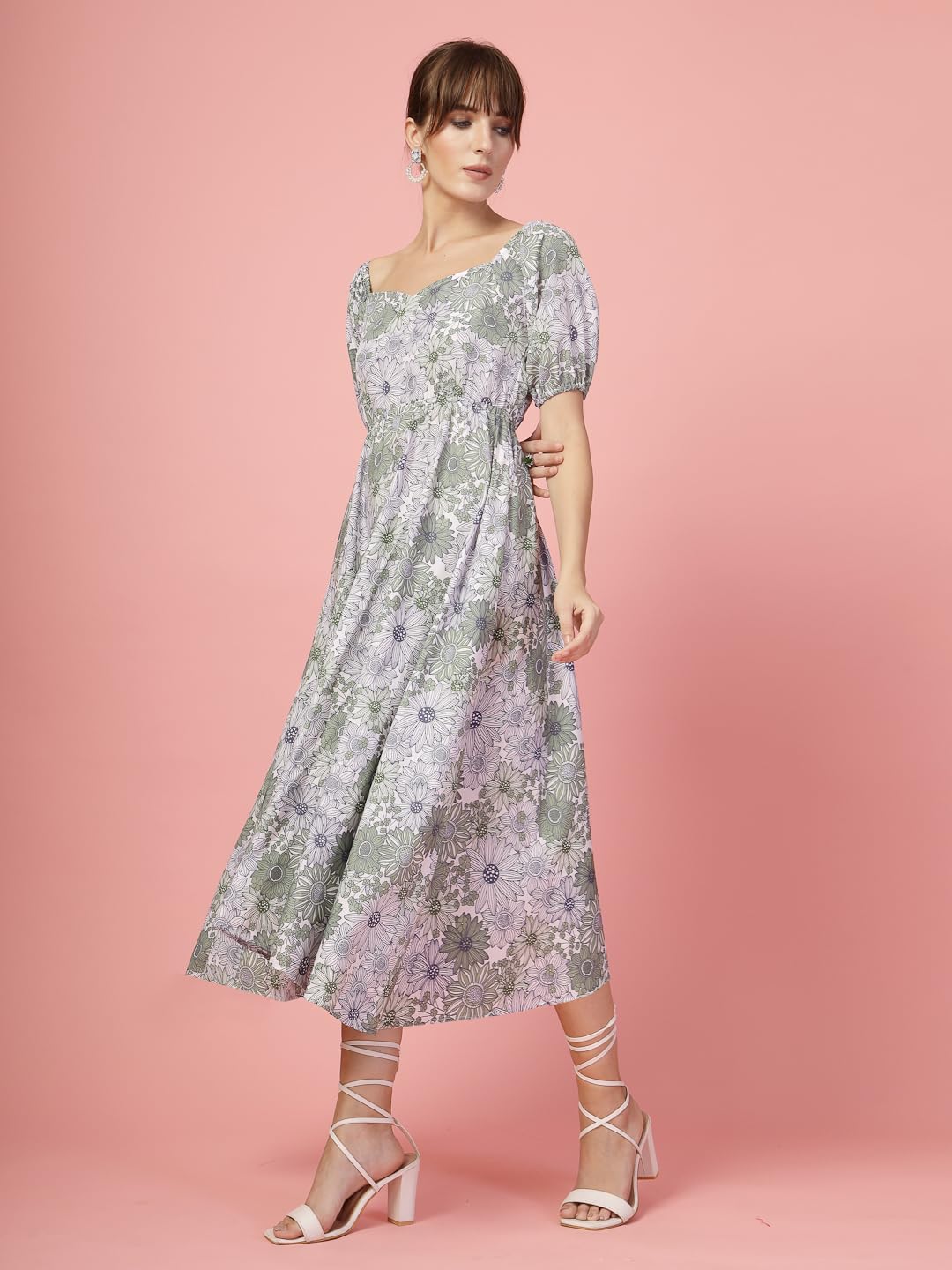 Oomph Flared Dress For Women Stylish | Long One Piece For Women | Puff Sleeve Long Dress | Floral Print Maxi One Piece | Western & Fusion Wear Pear Green