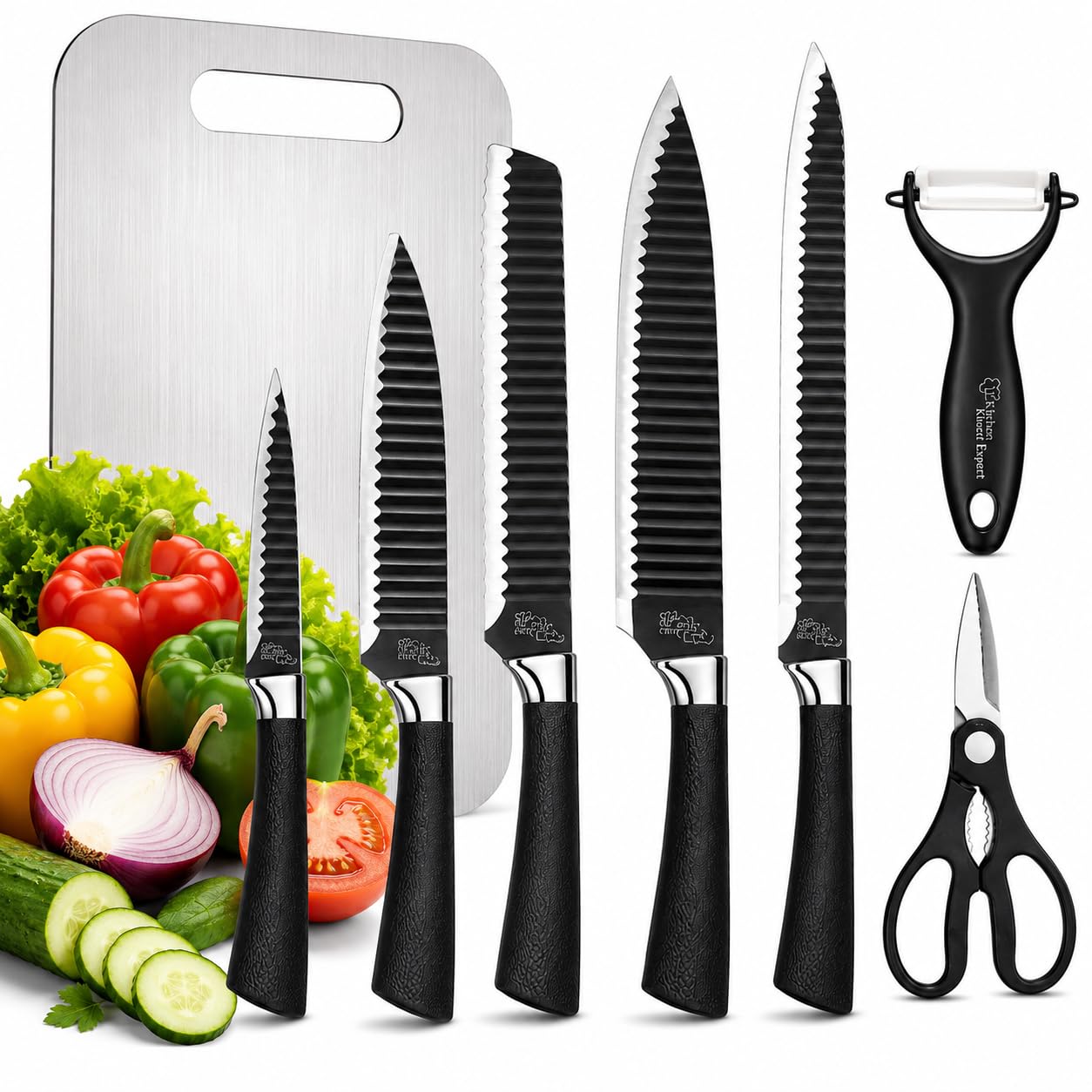 Kit Facas de Cozinha 6 Peças com Tábua de Corte Inox | Faca Chef, Faca de Pão, Faca