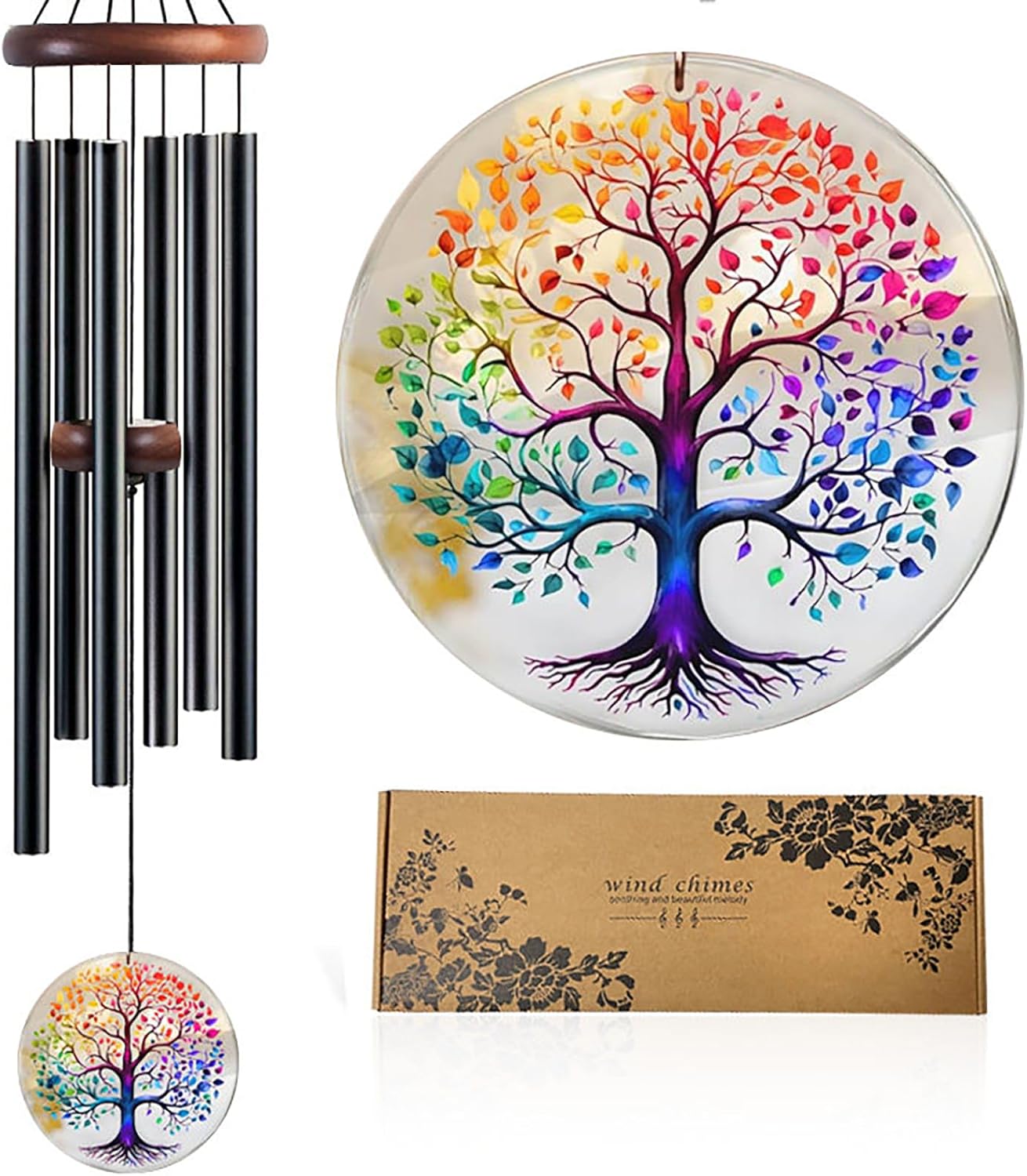 Tree of Life Wind Chimes for Outside, Deep Tone Outdoor Wind Chime with Colorful Wind Catcher, 6 Aluminum Tubes, Garden Porch Patio Decor, Memorial & Birthday Gift (34" Tree of Life)