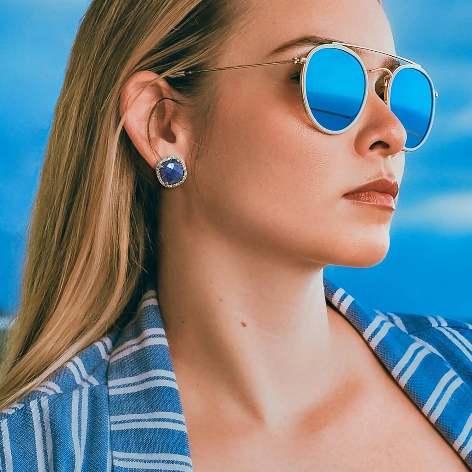 Lapis Earrings, Blue Stud Earrings for Women, Natural Gemstone Jewelry for Her - Image 4