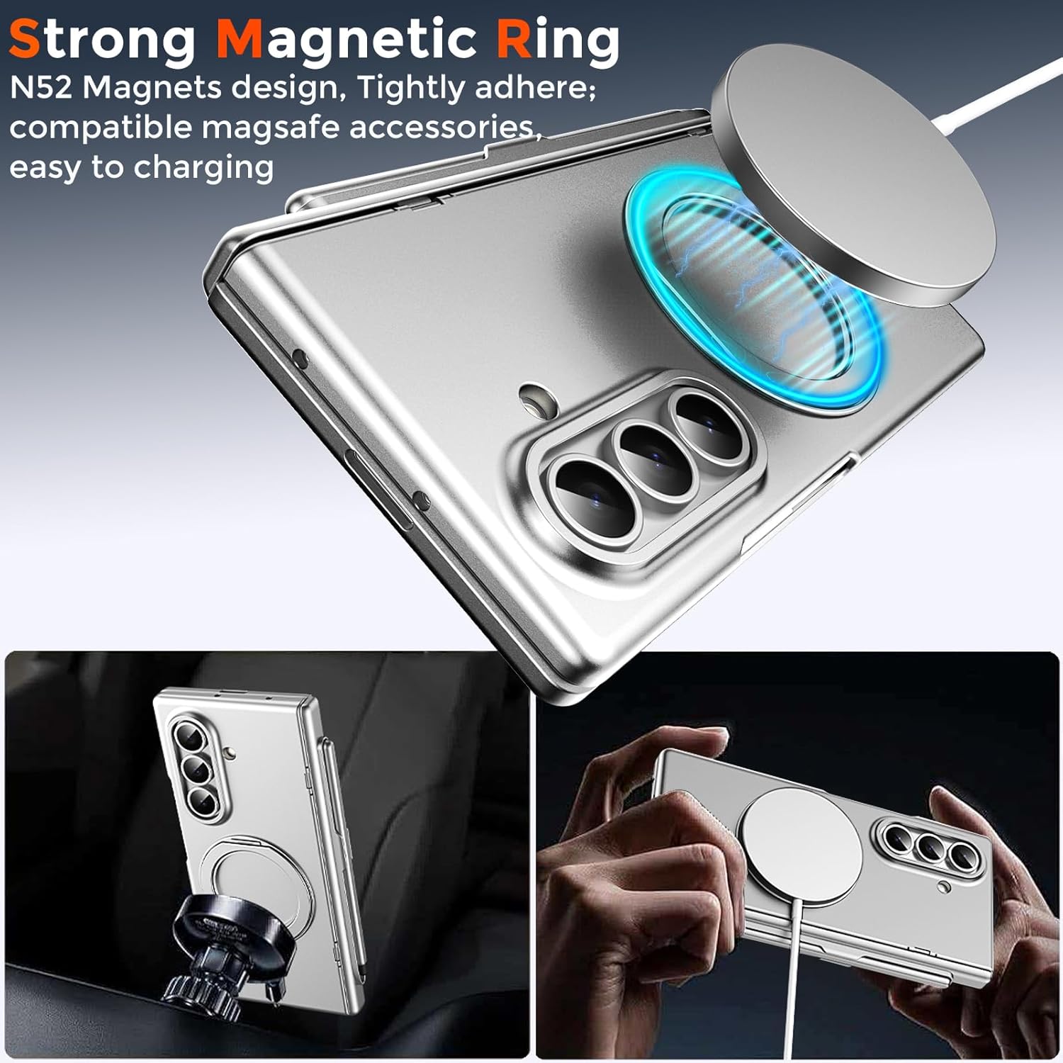 for Samsung Galaxy Z Fold 6 Case with S Pen Holder & Stylus, Magnetic Rotating Ring Stand Compatible Magsafe Screen Protector Hinge Cover Full Coverage Protective Case for Z Fold 6 Sliver