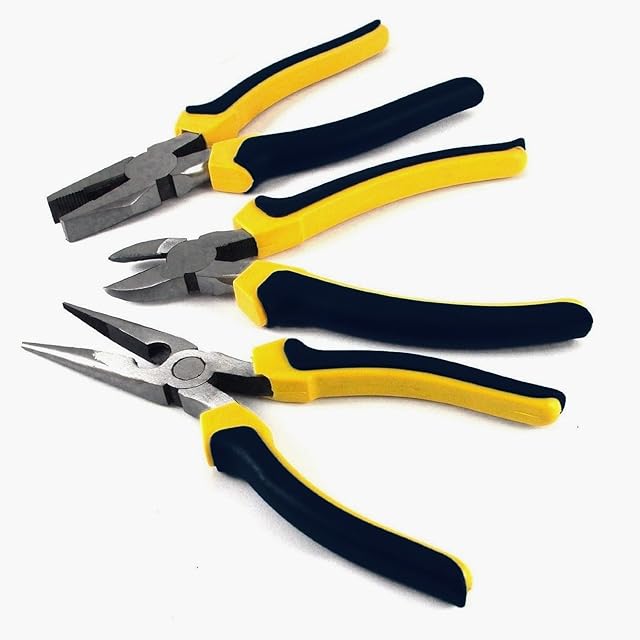 Tooltime 3 Piece Heavy Duty 8" (200mm) Pliers Set - Combination, Long Nose and Side Cutting Pliers