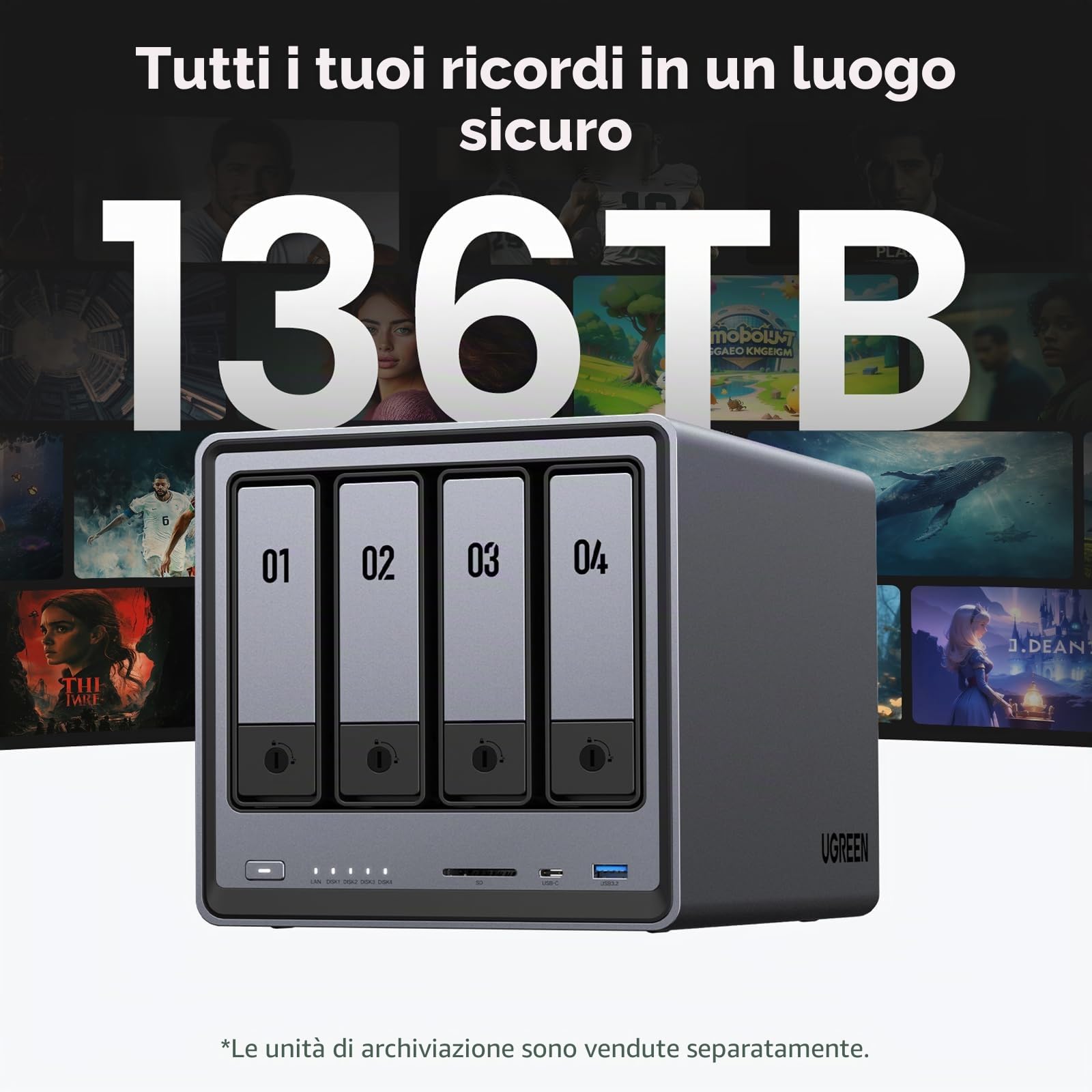 UGREEN NASync DXP4800, NAS desktop a 4 bay, CPU Intel N100 Quad-core, 8 GB di RAM DDR5, 32 GB eMMC, 2 * 2,5 GbE, 2 * slot M.2 NVMe, 4K HDMI, archiviazione collegata in rete (senza disco)