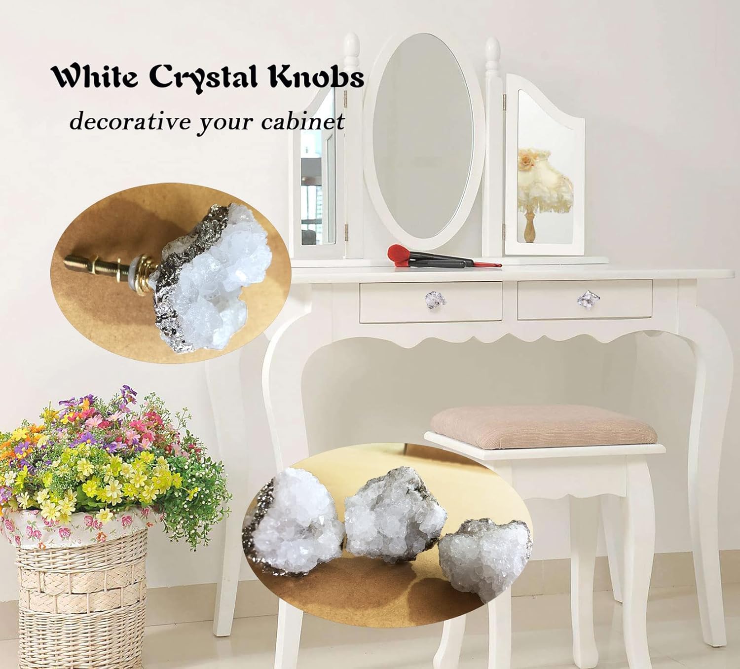 AMOYSTONE Crystal Geode Drawer Knobs Natural White Healing Crystal Stone Silver-Plated Cabinet Handles Cupboard Dresser Pulls for Home Office Decor Set of 4