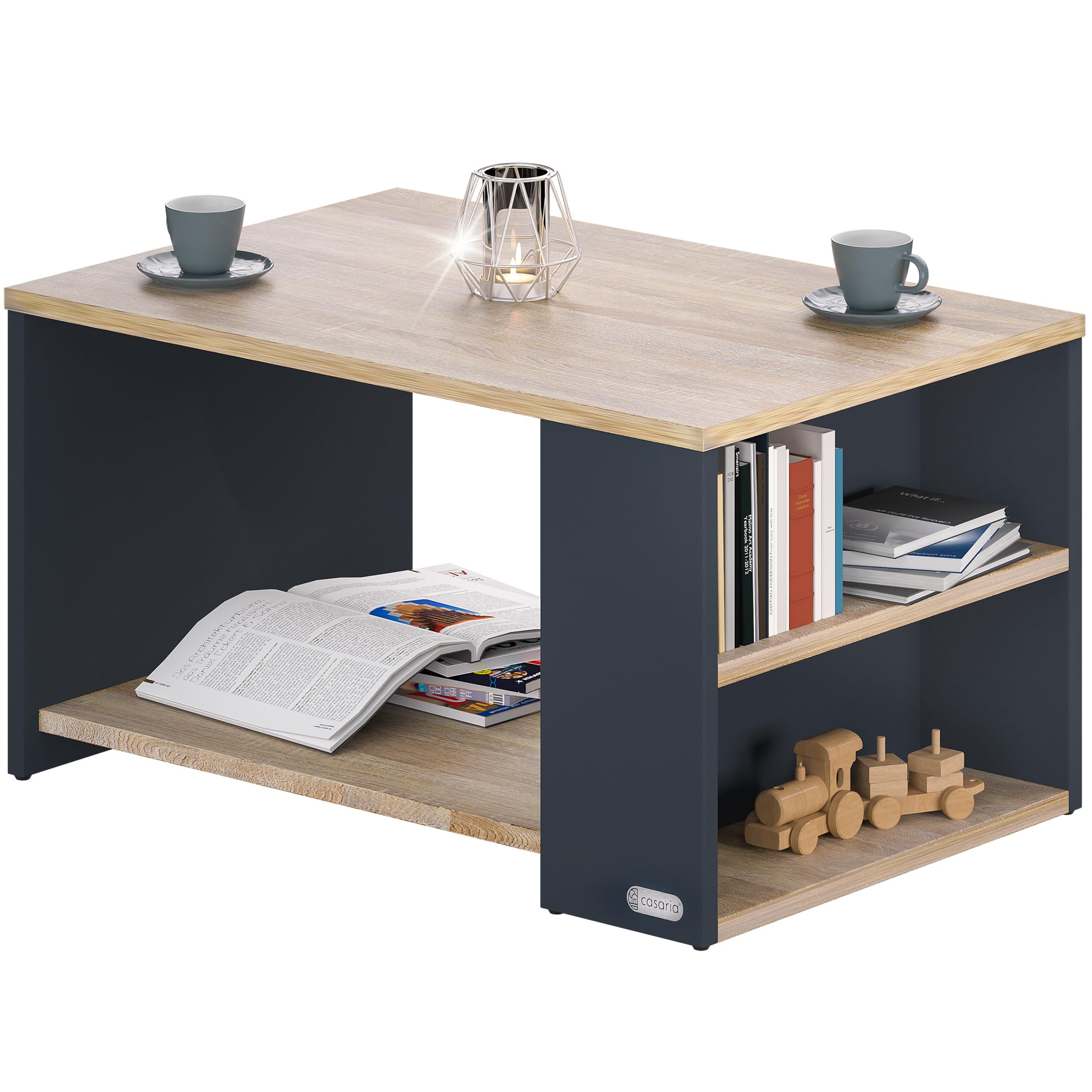 Casaria® Tavolino Divano da Caffè con Ripiano 2 Scomparti 90x60x50cm in Legno Carico Max 50kg Tavolo Basso Soggiorno Salotto
