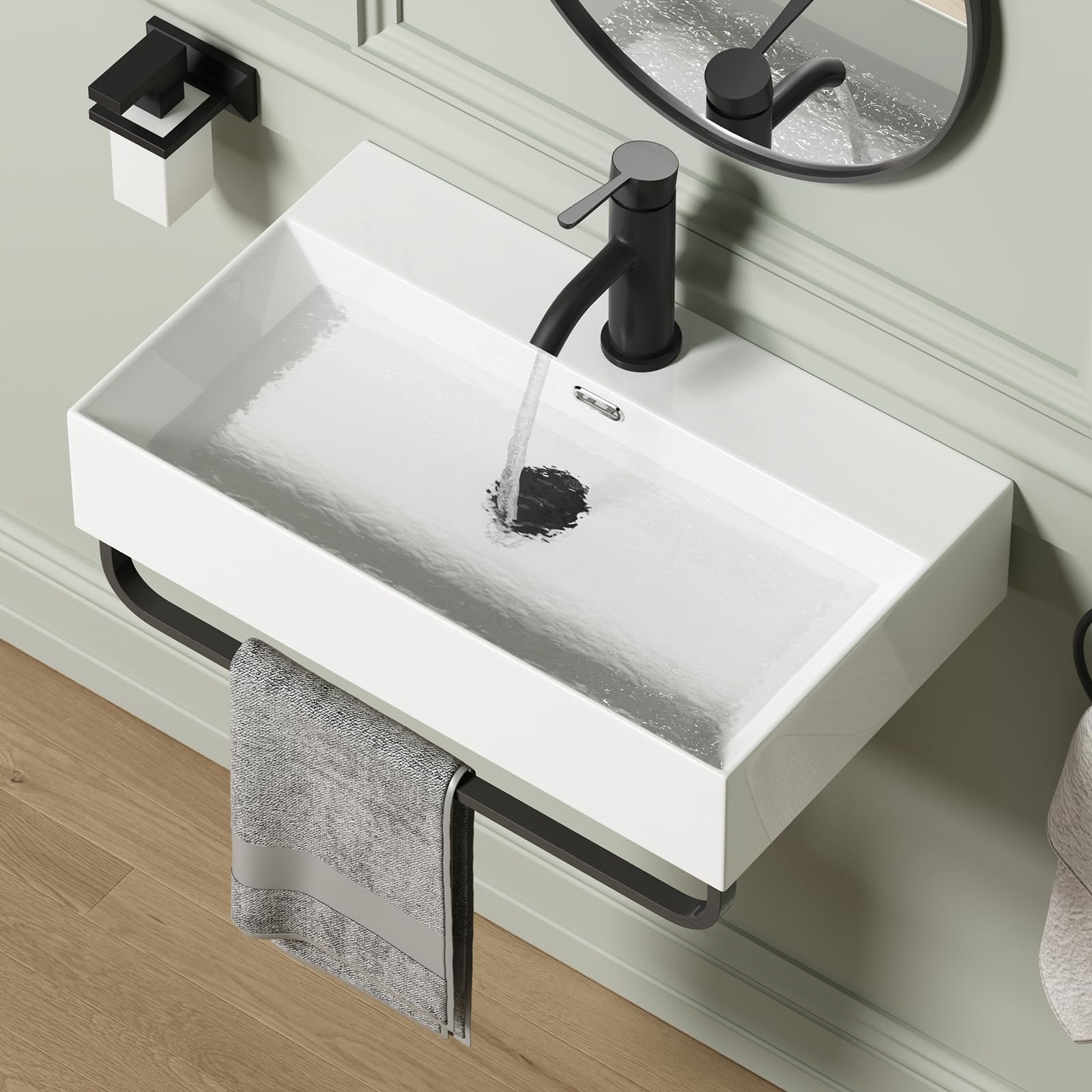 Wall Mount Rectangular Vessel Sink with Towel Rack, QISHKA 24"x14" Modern Ceramic Bathroom Floating Sink, White Rectangle Vanity Sink with Overflow, Wall Hung Wash Hand Basin