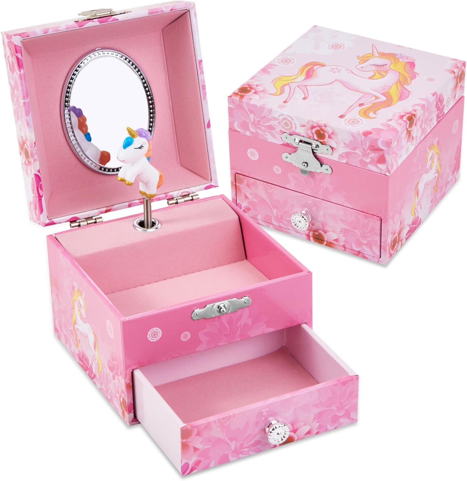 TAOPU Girl's Musical Jewellery Box With Drawer and Cute Spinning Unicorn Figurines, Little girls Gift Music Box Jewel Storage Toys Case for Kids