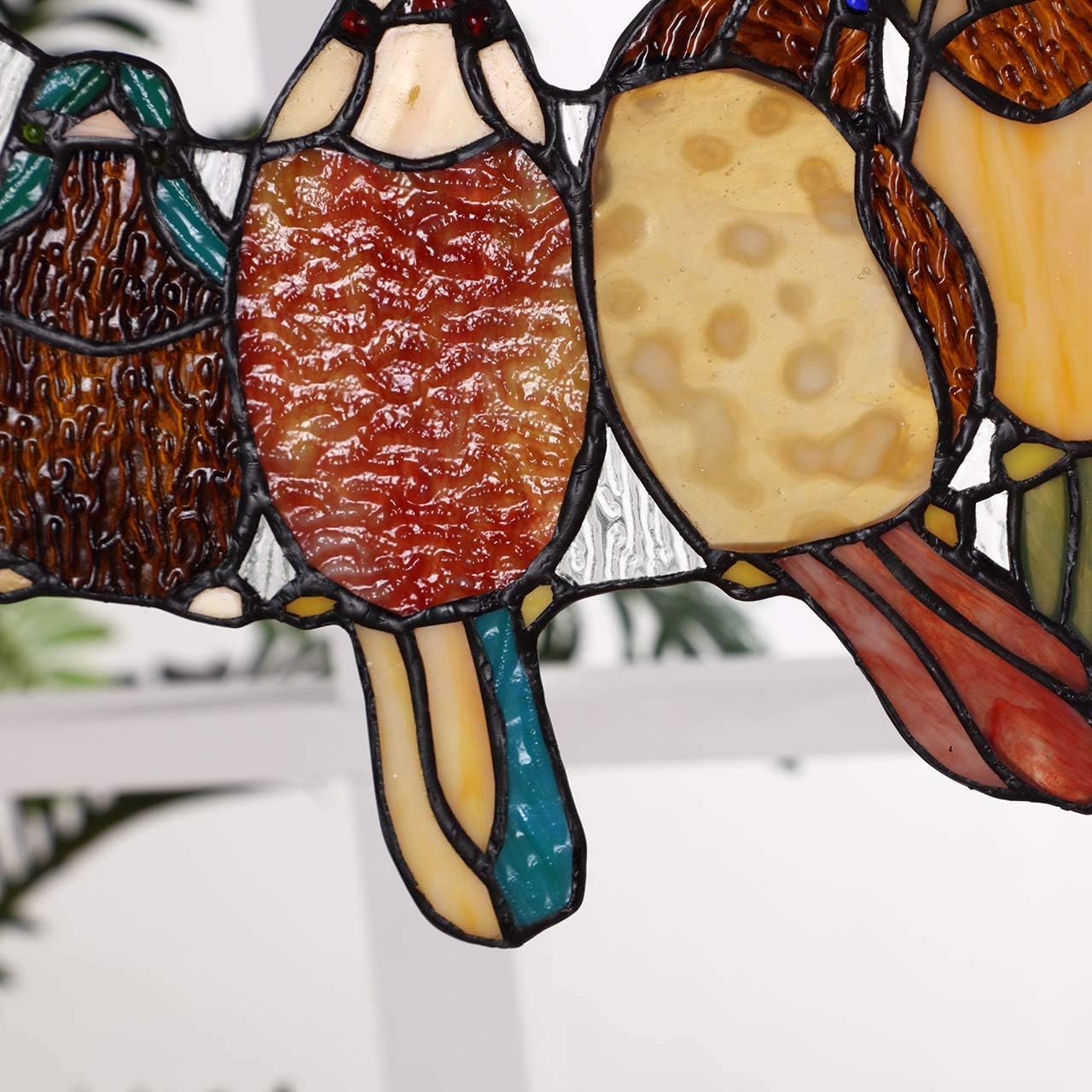Bieye W10016 19 inches Tropical Birds Tiffany Style Stained Glass Window Panel with Chain, 7 Parrots