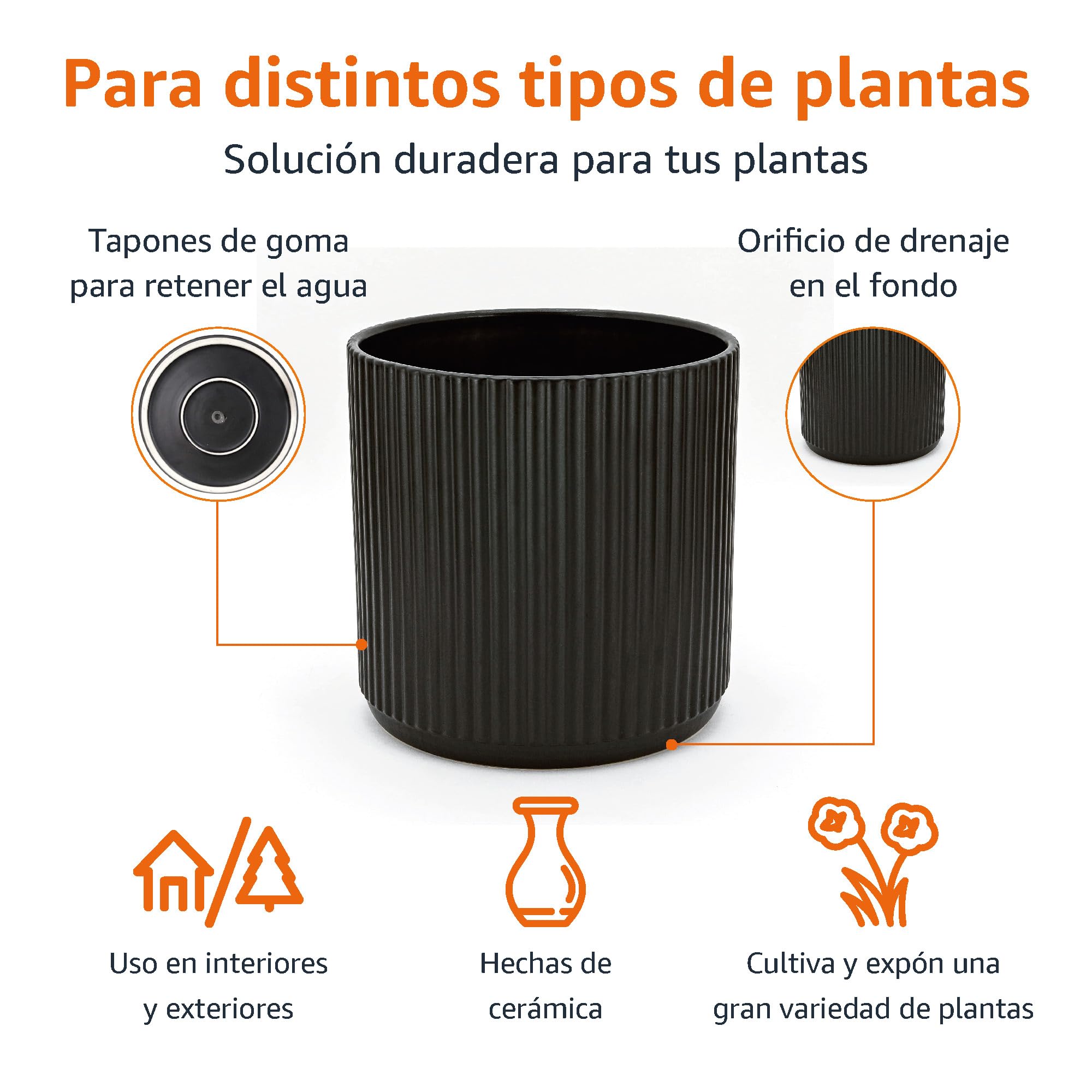 Amazon Basics Redondo Maceta de cerámica, estriada, 20.3 cm, Negro