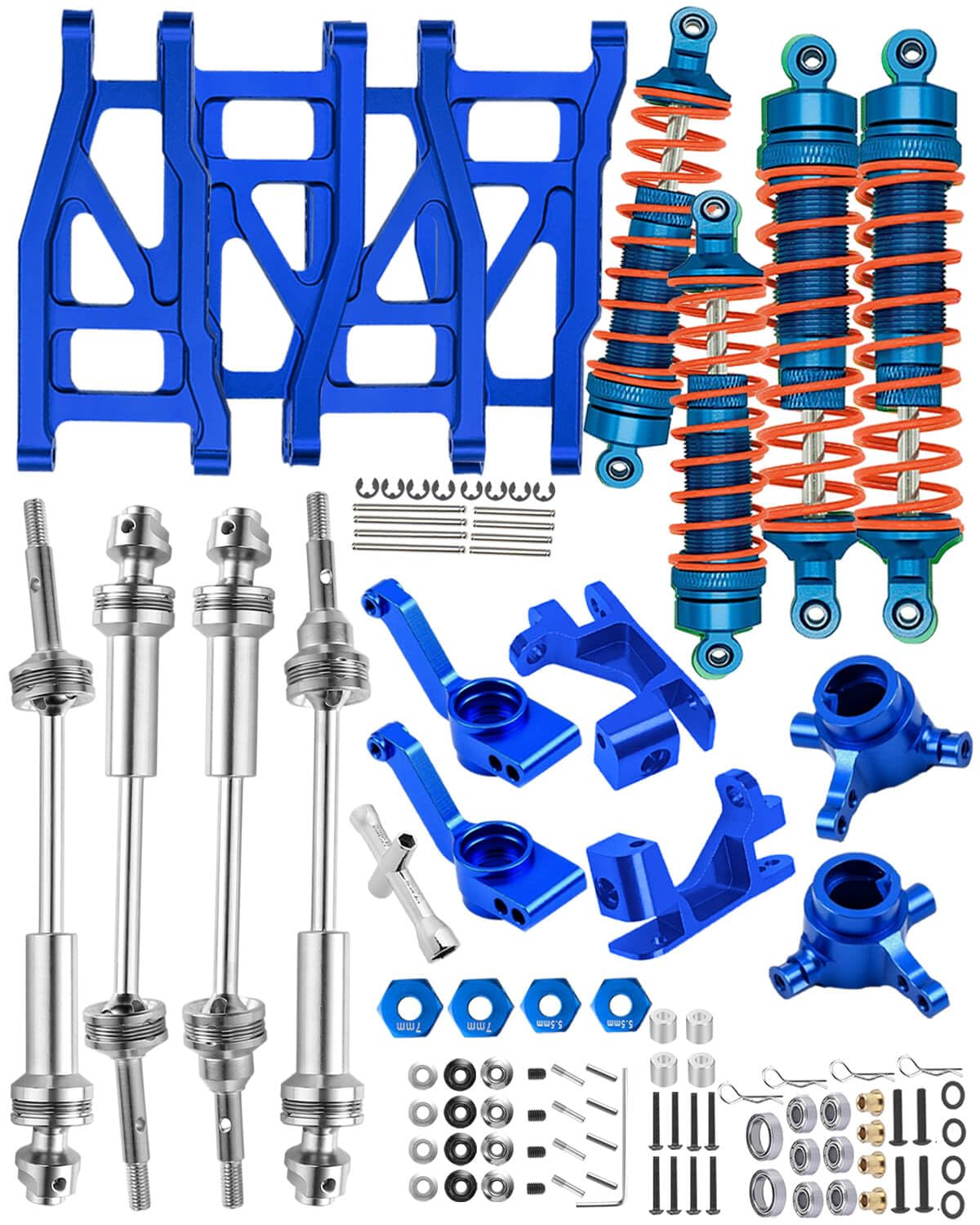 hopsupRC Upgrades for 1/10 Rustler Slash Stampede Hoss 4x4 VXL,Drive Shaft CVD with Hex&Aluminum Big Bore RC Shock&Suspension Arm&Caster Block,Steering Blocks,Rear Stub Axle Carriers,Silver With Blue