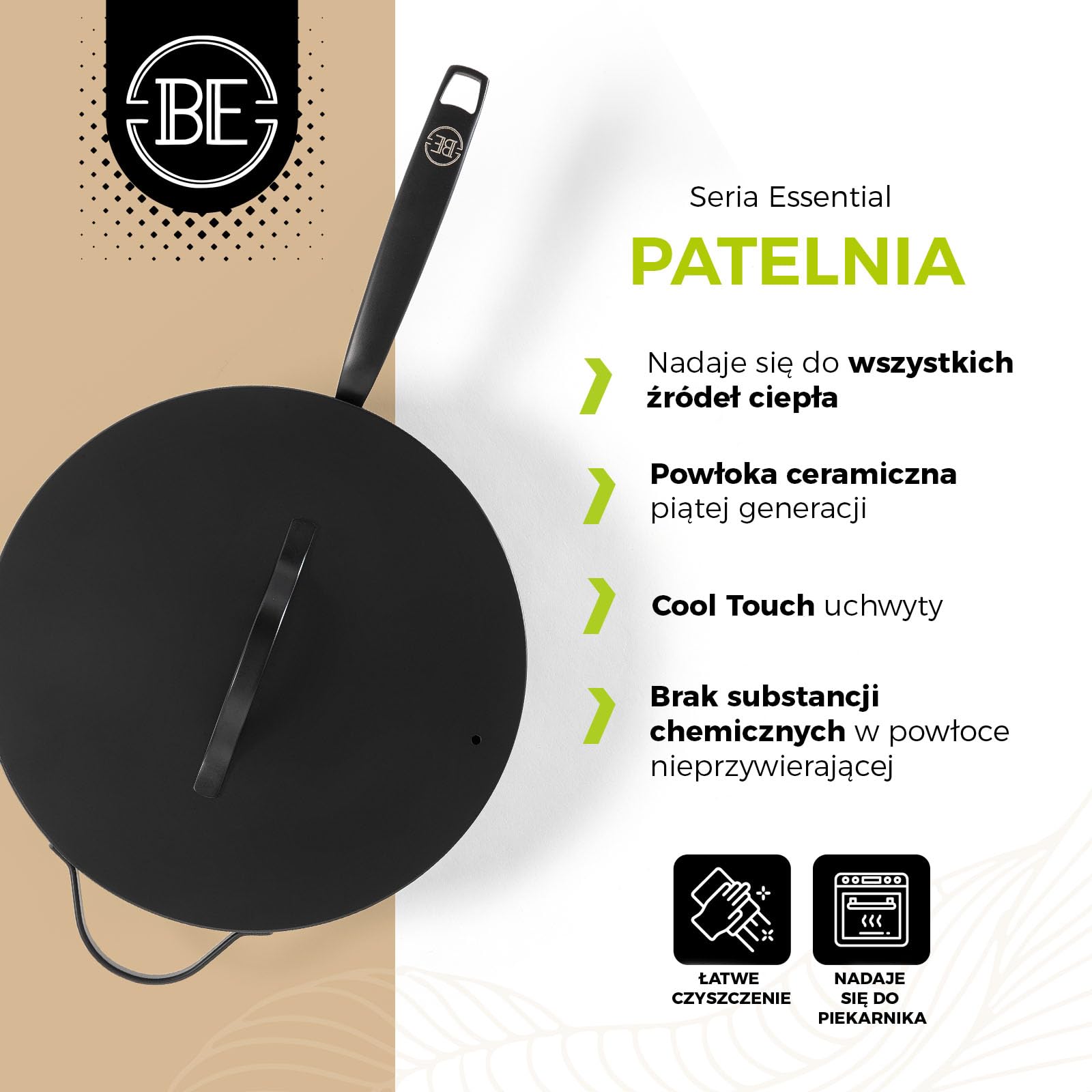 BE Living patelnia do gotowania z pokrywką - Ø 30 cm - bez PFAS ceramiczna patelnia indukcyjna - odpowiednia do wszystkich rodzajów kuchenek - czarna