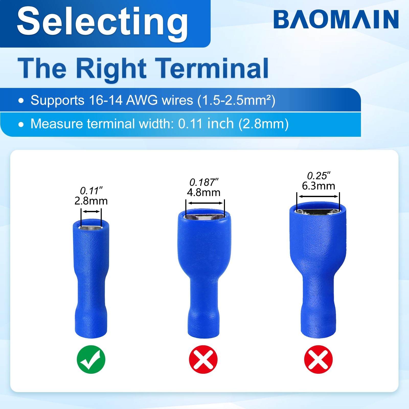 Baomain Lot de 1 000 connecteurs de fil électriques isolés femelles Bleu 0,3 cm 16-14 AWG 2,8 x 0,5 mm