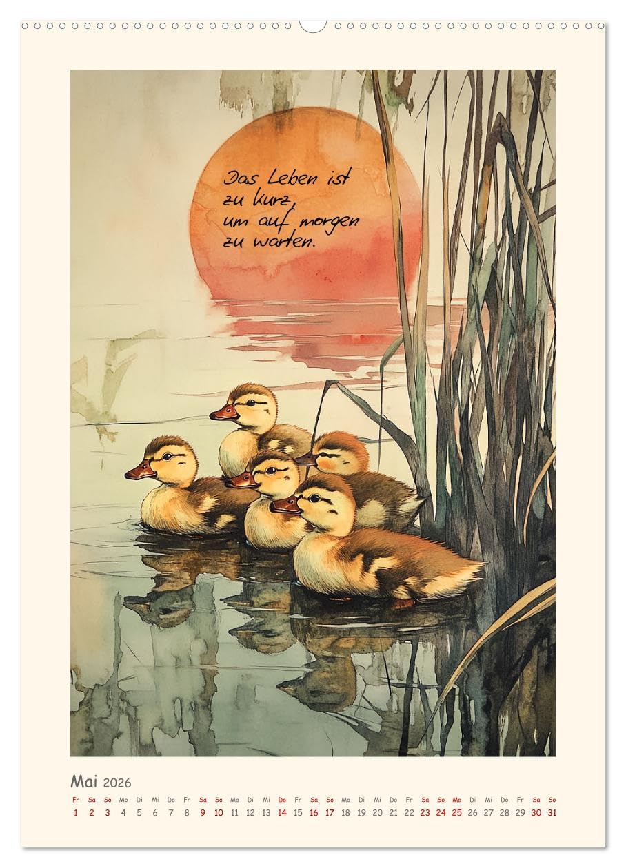 Liebenswerte Tierillustrationen (Wandkalender 2026 DIN A2 hoch), CALVENDO Monatskalender: Gezeichnete Tierdarstellungen und herzige Sprüche - KI generiert (CALVENDO Tiere)